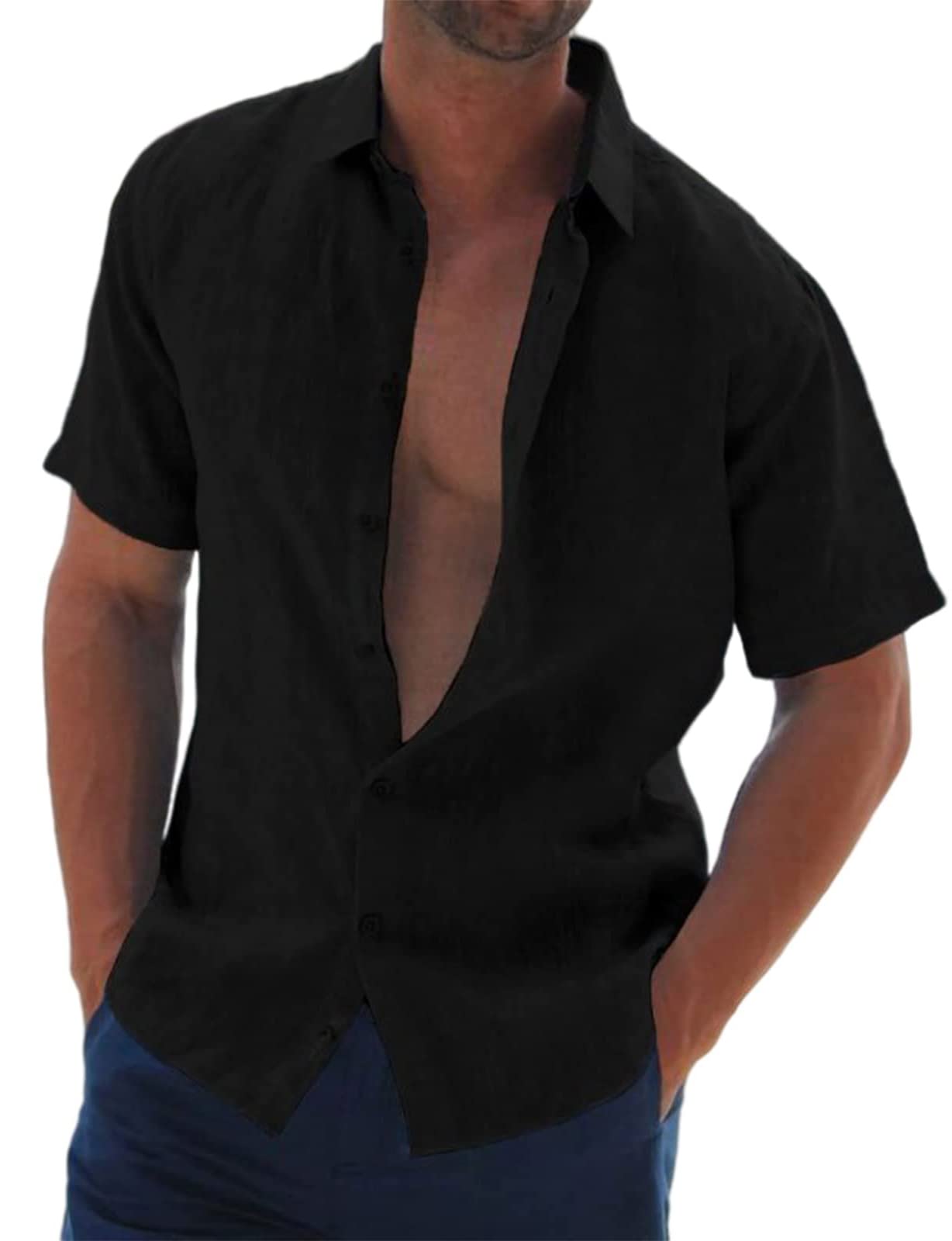 Halfword Men's Loose Fit Short Sleeve Linen-Cotton Shirt for Summer Casual Beach Wedding Party