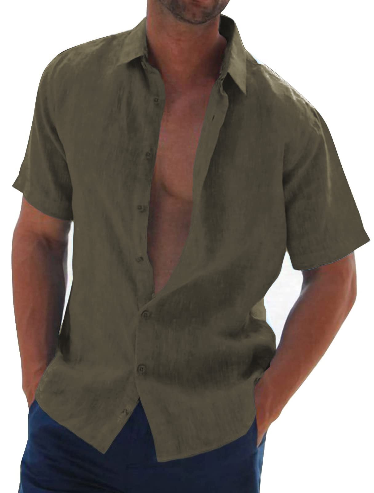 Halfword Men's Loose Fit Short Sleeve Linen-Cotton Shirt for Summer Casual Beach Wedding Party