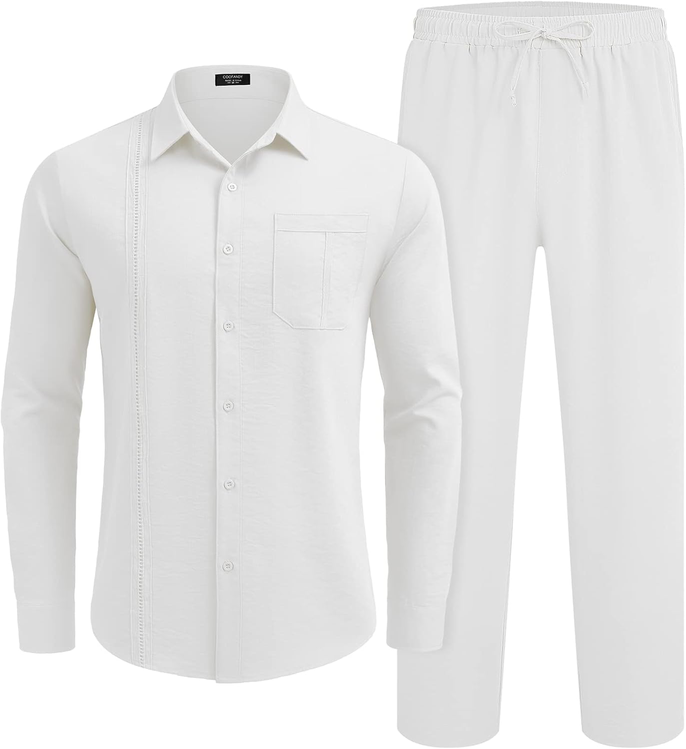 COOFANDY Men's 2 Piece Linen Sets Casual Long Sleeve Button Down Cuban Shirt and Loose Pants Set Beach Vacation Outfits
