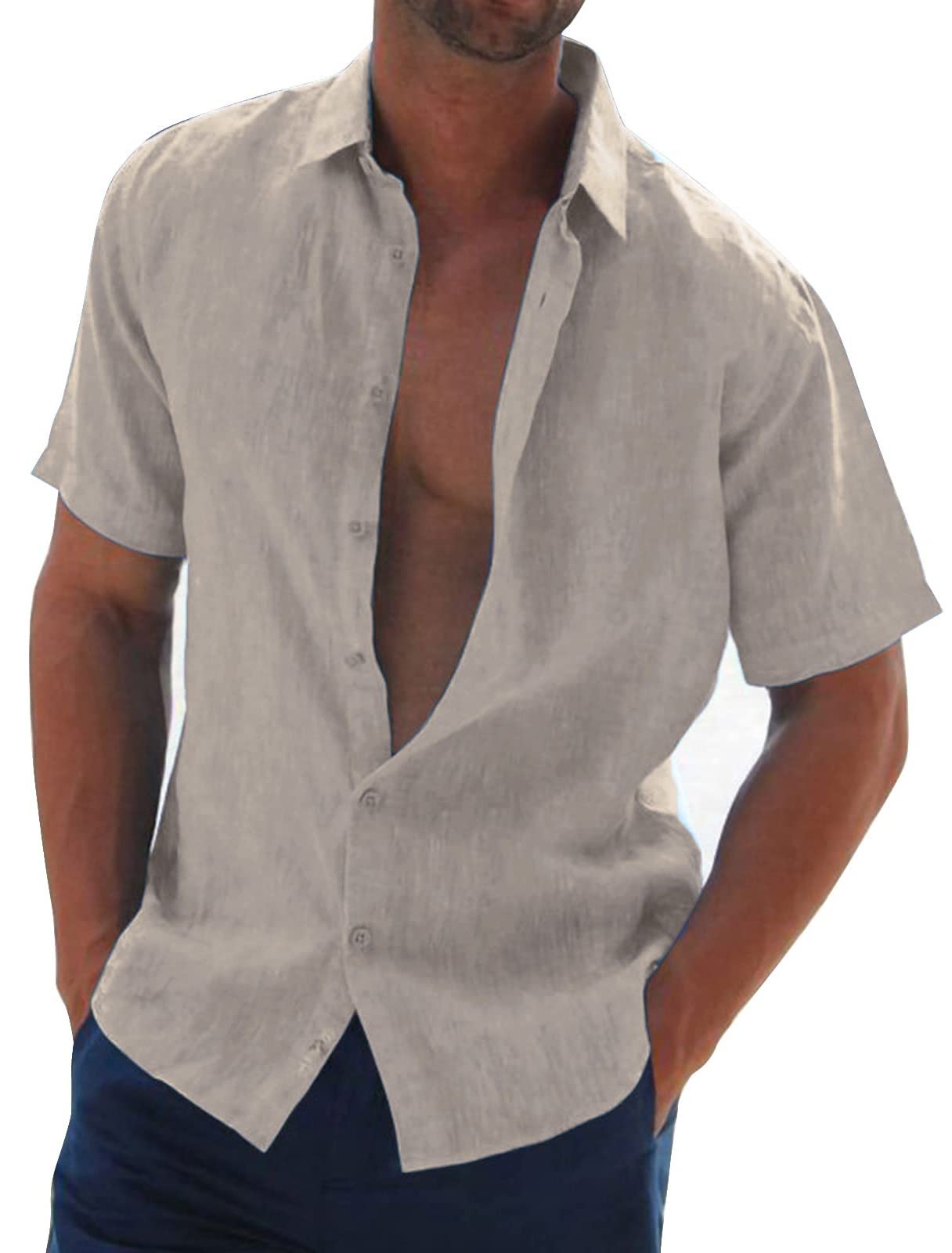 Halfword Men's Loose Fit Short Sleeve Linen-Cotton Shirt for Summer Casual Beach Wedding Party