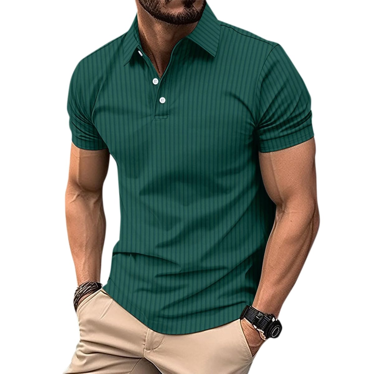Allthemen Men's Polo Shirt Short Sleeve Knitted Golf Vertical Striped Polo T-Shirt Breathable