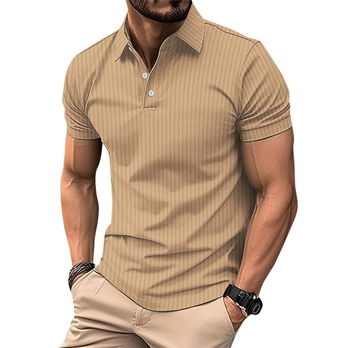 Allthemen Men's Polo Shirt Short Sleeve Knitted Golf Vertical Striped Polo T-Shirt Breathable