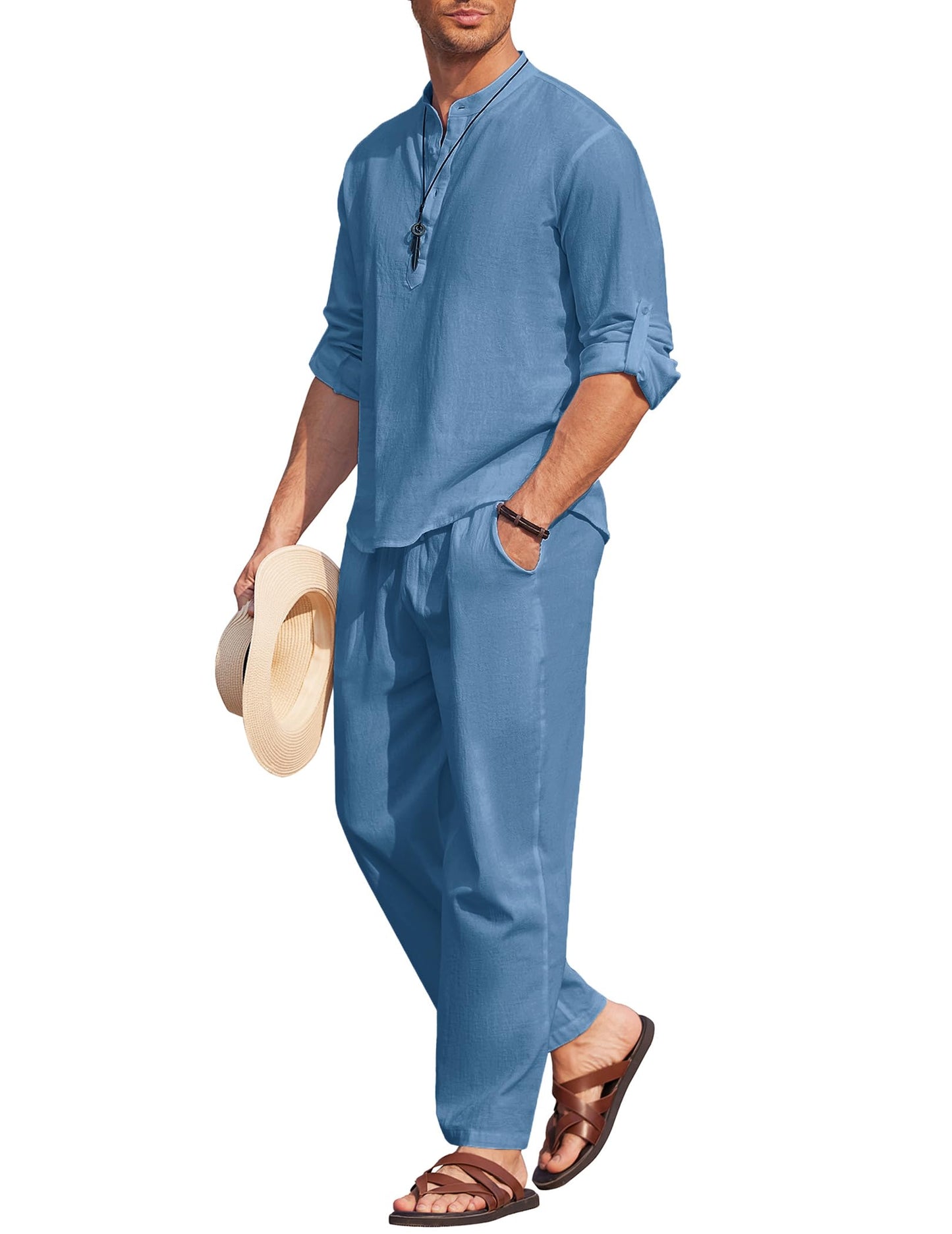 COOFANDY Men's 2 Pieces Cotton Linen Set Casual Long Sleeve Henley Shirts Beach Pants With Pockets Summer Yoga Outfits