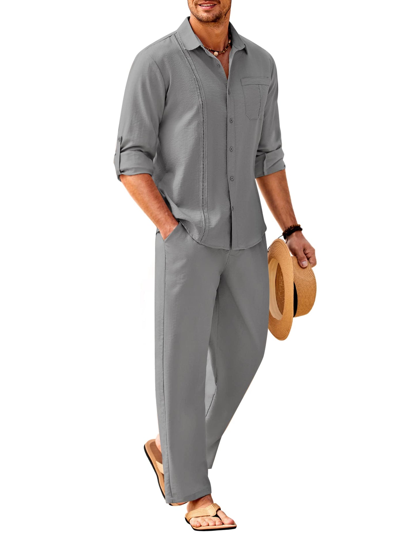 COOFANDY Men's 2 Piece Linen Sets Casual Long Sleeve Button Down Cuban Shirt and Loose Pants Set Beach Vacation Outfits