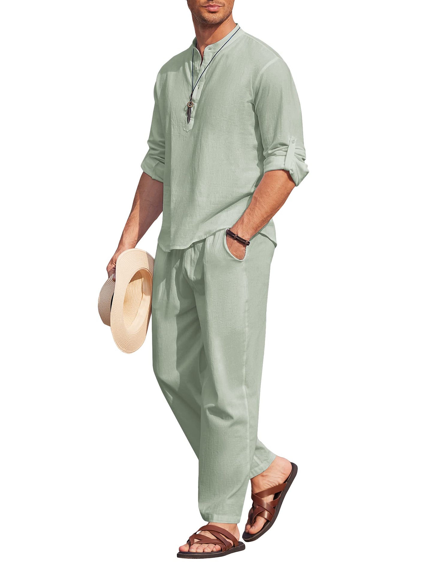 COOFANDY Men's 2 Pieces Cotton Linen Set Casual Long Sleeve Henley Shirts Beach Pants With Pockets Summer Yoga Outfits