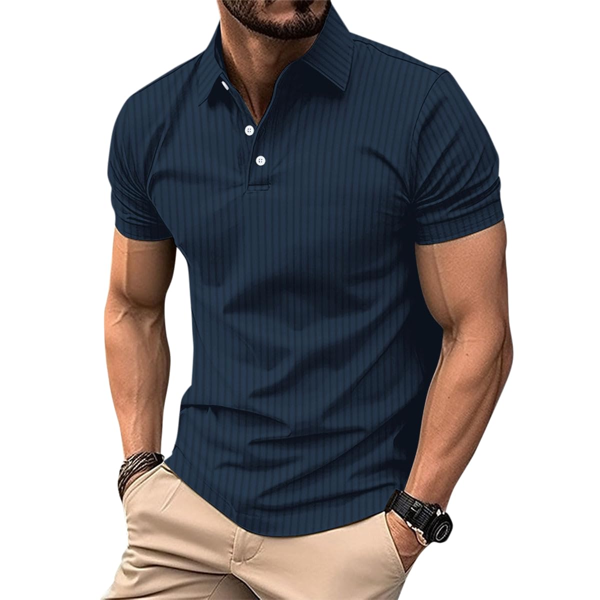 Allthemen Men's Polo Shirt Short Sleeve Knitted Golf Vertical Striped Polo T-Shirt Breathable