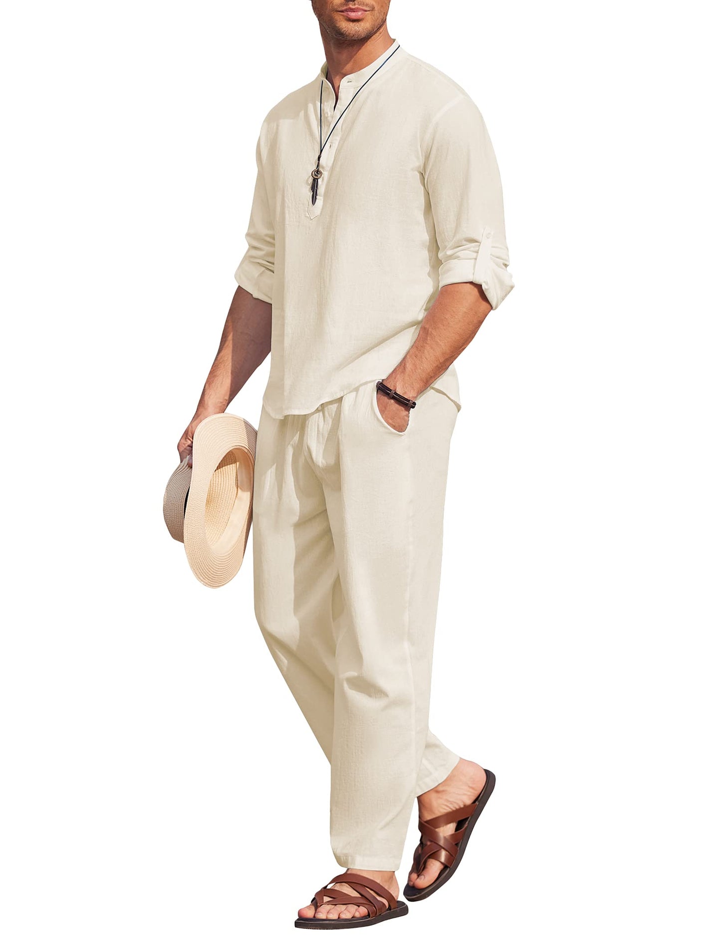 COOFANDY Men's 2 Pieces Cotton Linen Set Casual Long Sleeve Henley Shirts Beach Pants With Pockets Summer Yoga Outfits
