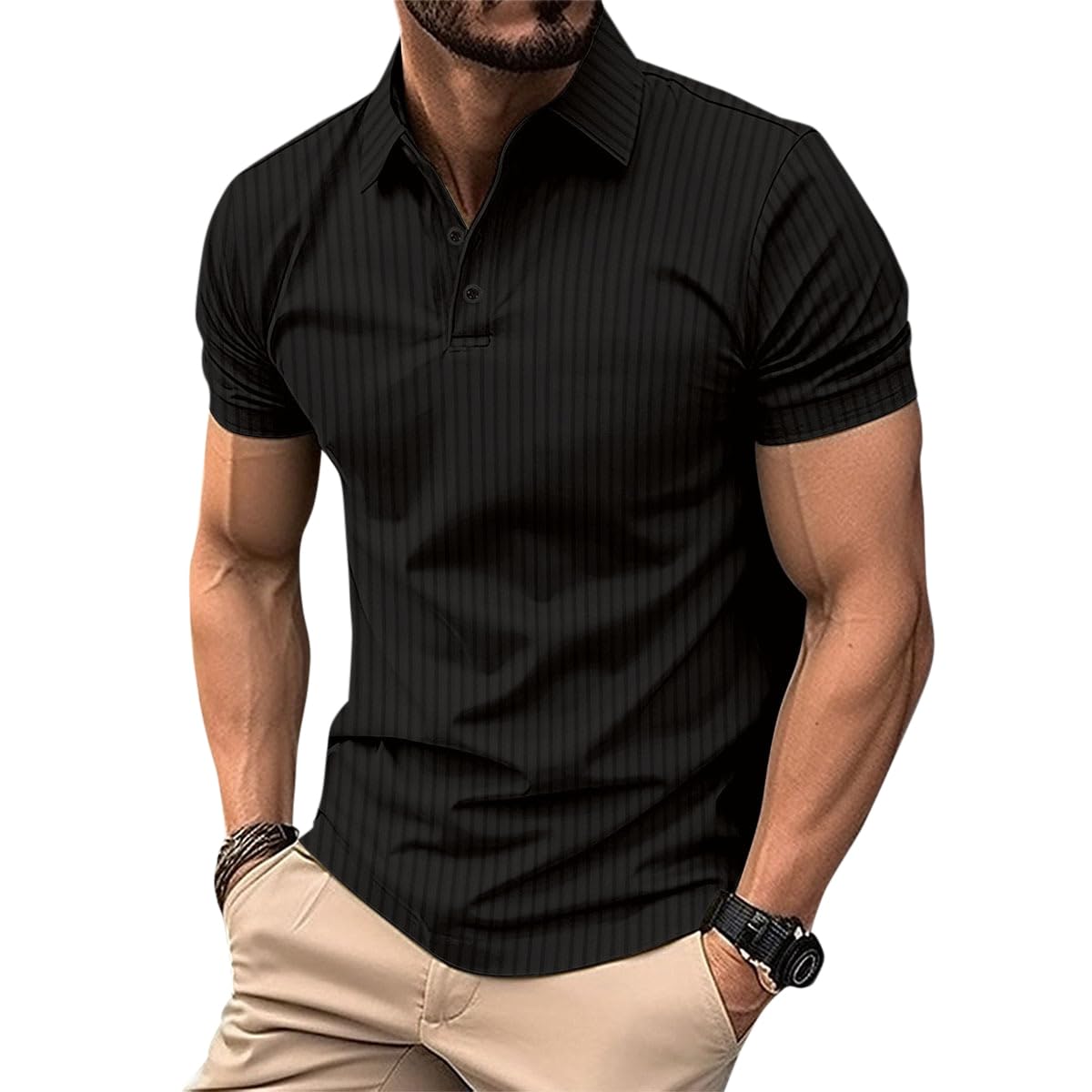 Allthemen Men's Polo Shirt Short Sleeve Knitted Golf Vertical Striped Polo T-Shirt Breathable