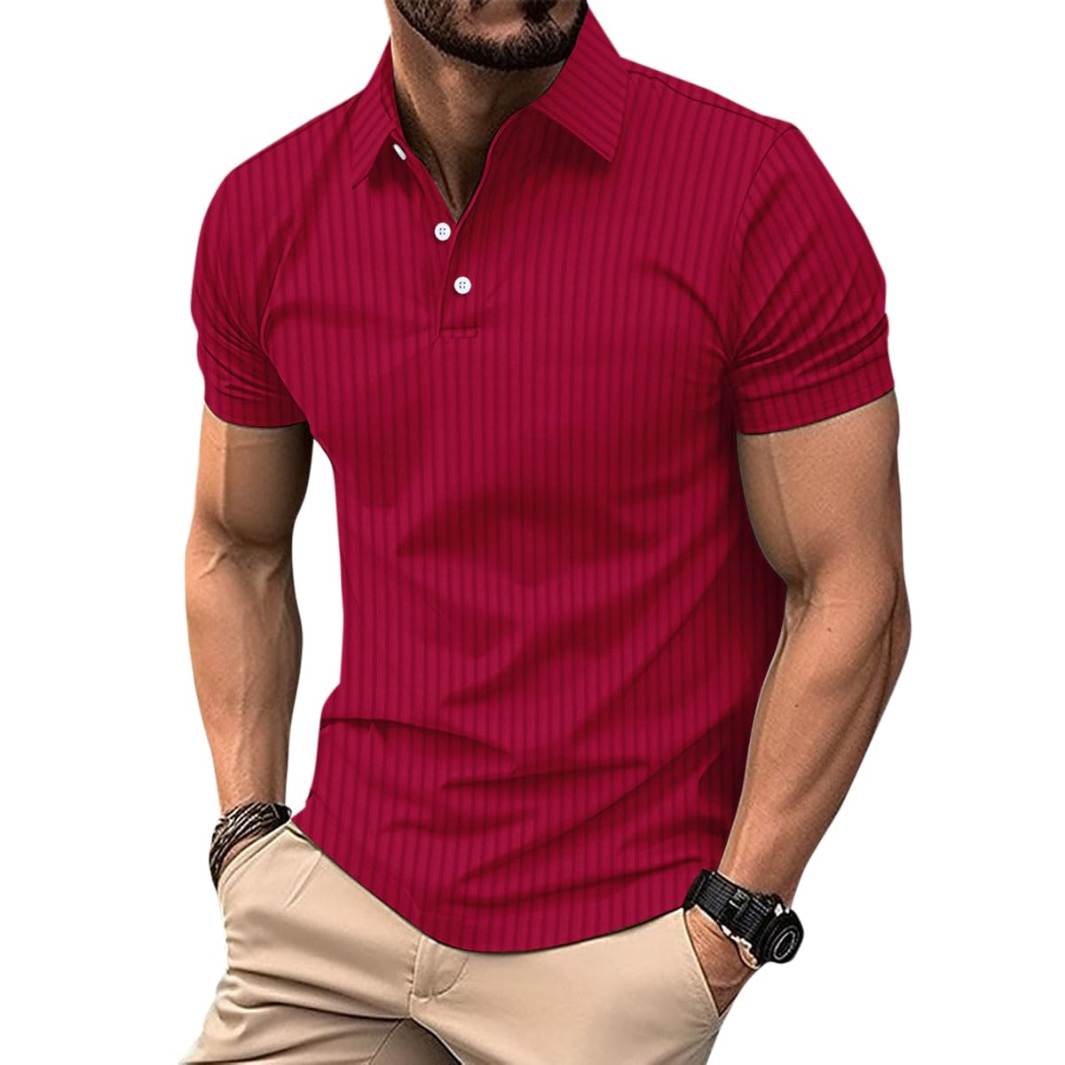 Allthemen Men's Polo Shirt Short Sleeve Knitted Golf Vertical Striped Polo T-Shirt Breathable