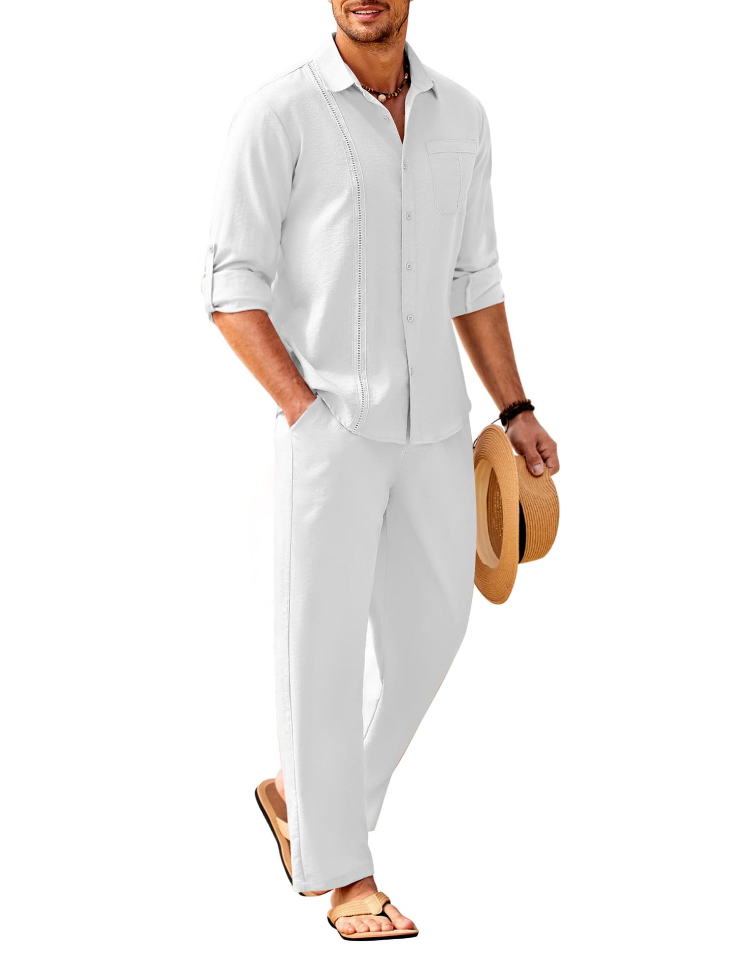 COOFANDY Men's 2 Piece Linen Sets Casual Long Sleeve Button Down Cuban Shirt and Loose Pants Set Beach Vacation Outfits