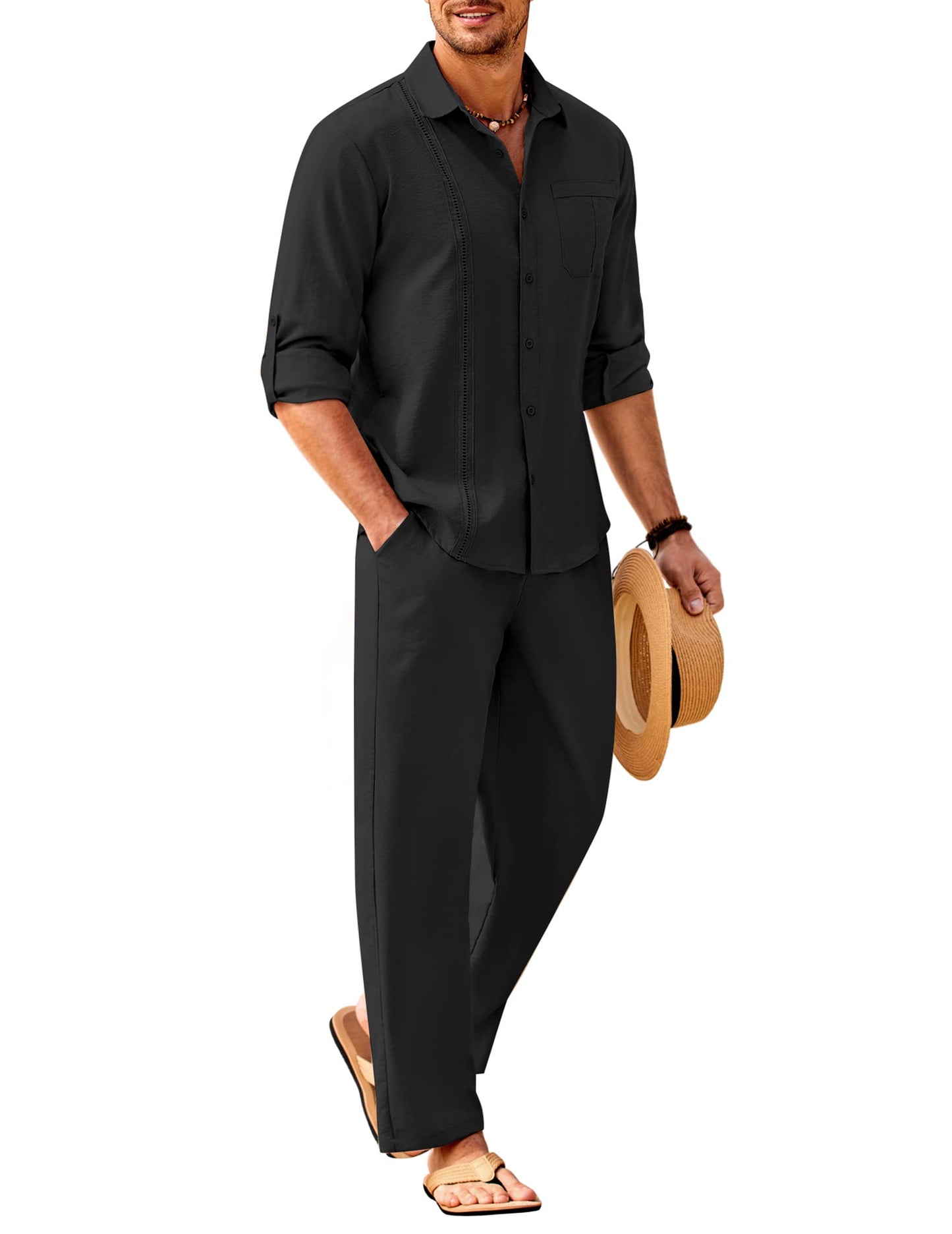 COOFANDY Men's 2 Piece Linen Sets Casual Long Sleeve Button Down Cuban Shirt and Loose Pants Set Beach Vacation Outfits