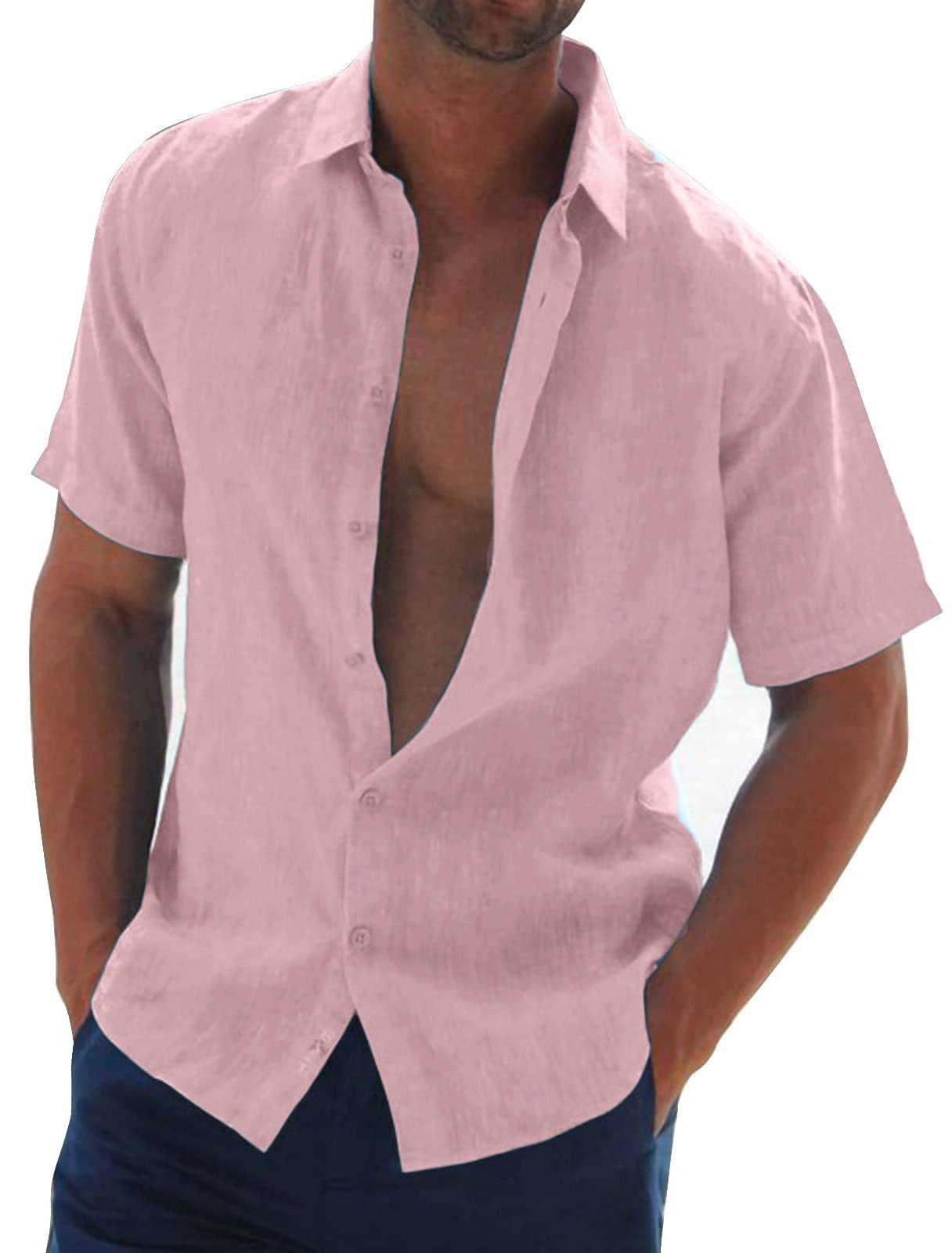 Halfword Men's Loose Fit Short Sleeve Linen-Cotton Shirt for Summer Casual Beach Wedding Party