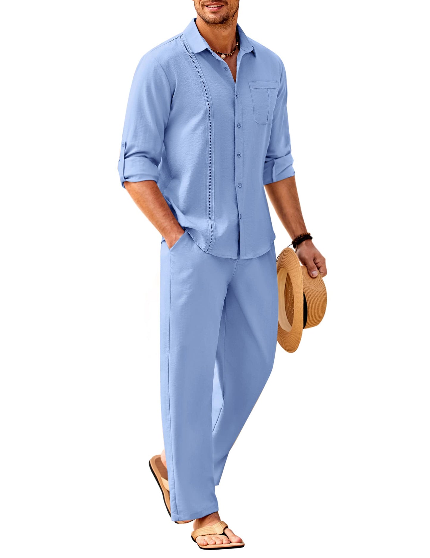 COOFANDY Men's 2 Piece Linen Sets Casual Long Sleeve Button Down Cuban Shirt and Loose Pants Set Beach Vacation Outfits