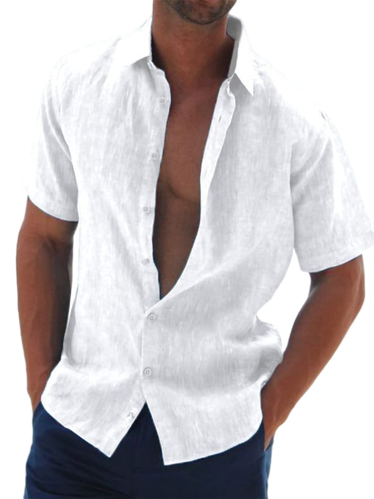 Halfword Men's Loose Fit Short Sleeve Linen-Cotton Shirt for Summer Casual Beach Wedding Party