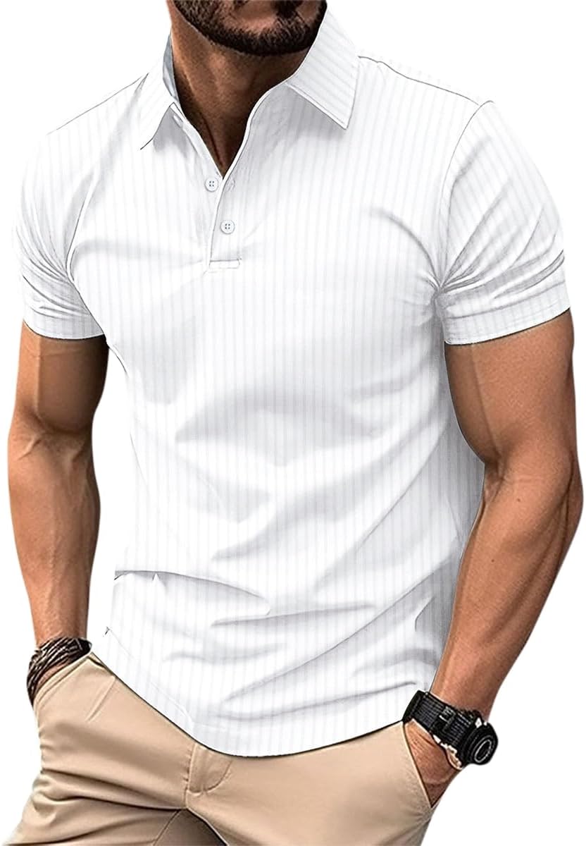 Allthemen Men's Polo Shirt Short Sleeve Knitted Golf Vertical Striped Polo T-Shirt Breathable