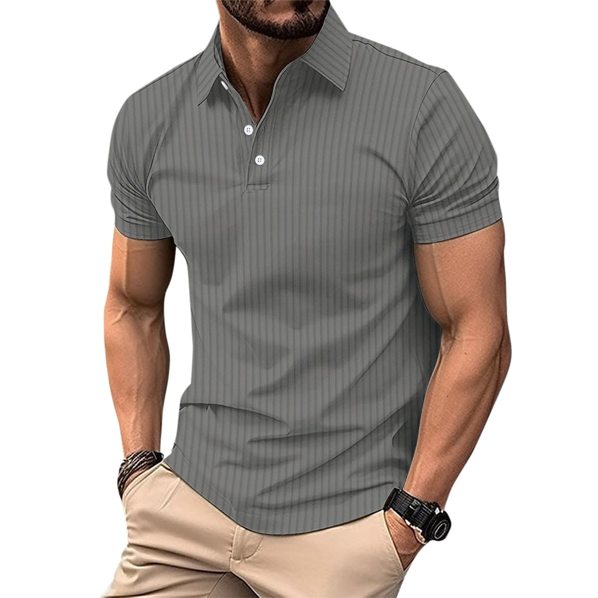 Allthemen Men's Polo Shirt Short Sleeve Knitted Golf Vertical Striped Polo T-Shirt Breathable