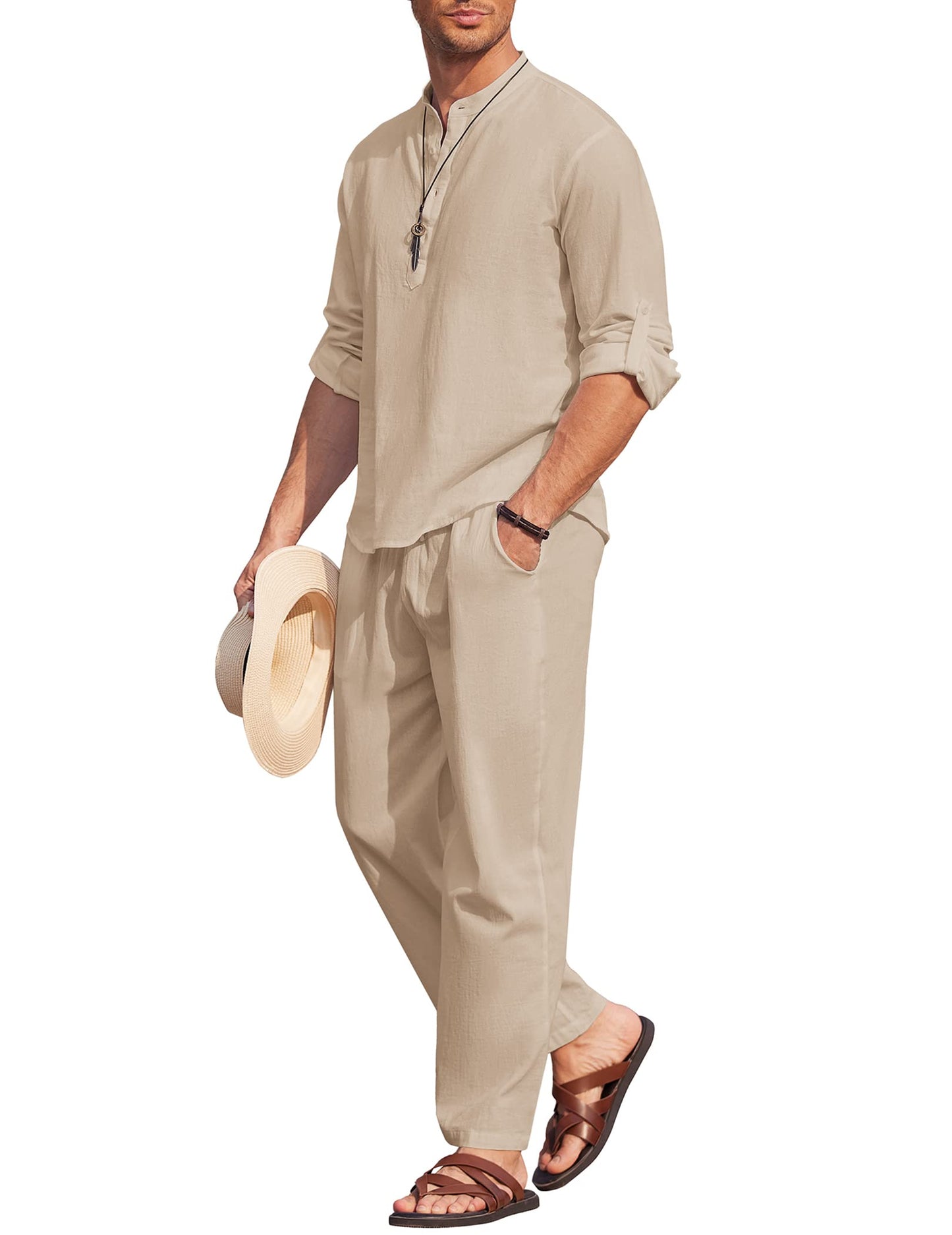 COOFANDY Men's 2 Pieces Cotton Linen Set Casual Long Sleeve Henley Shirts Beach Pants With Pockets Summer Yoga Outfits