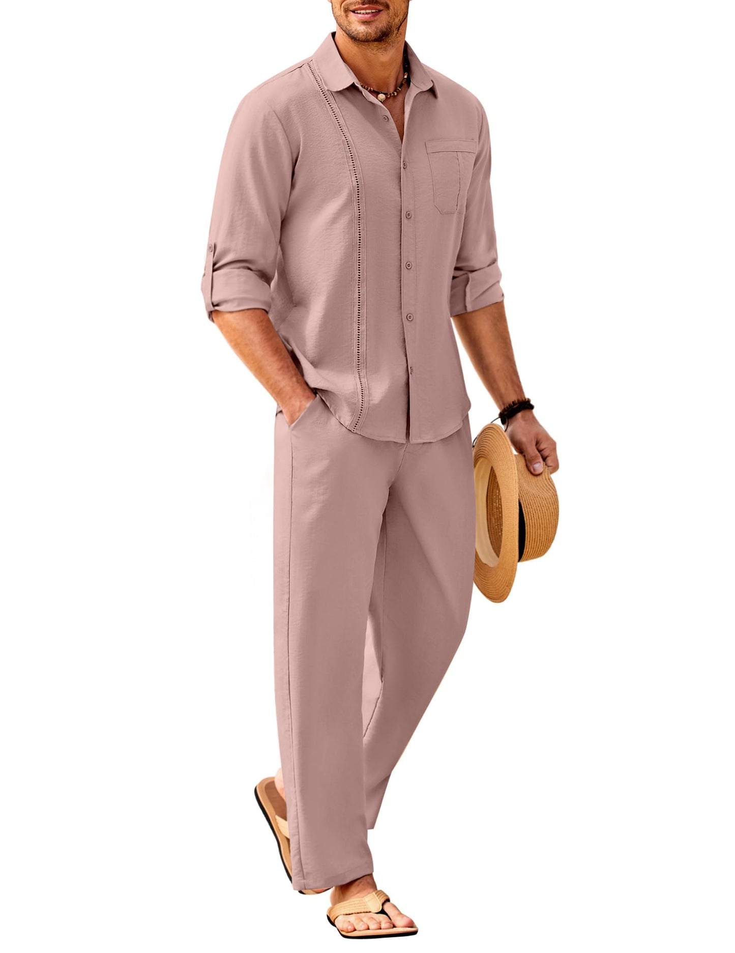 COOFANDY Men's 2 Piece Linen Sets Casual Long Sleeve Button Down Cuban Shirt and Loose Pants Set Beach Vacation Outfits