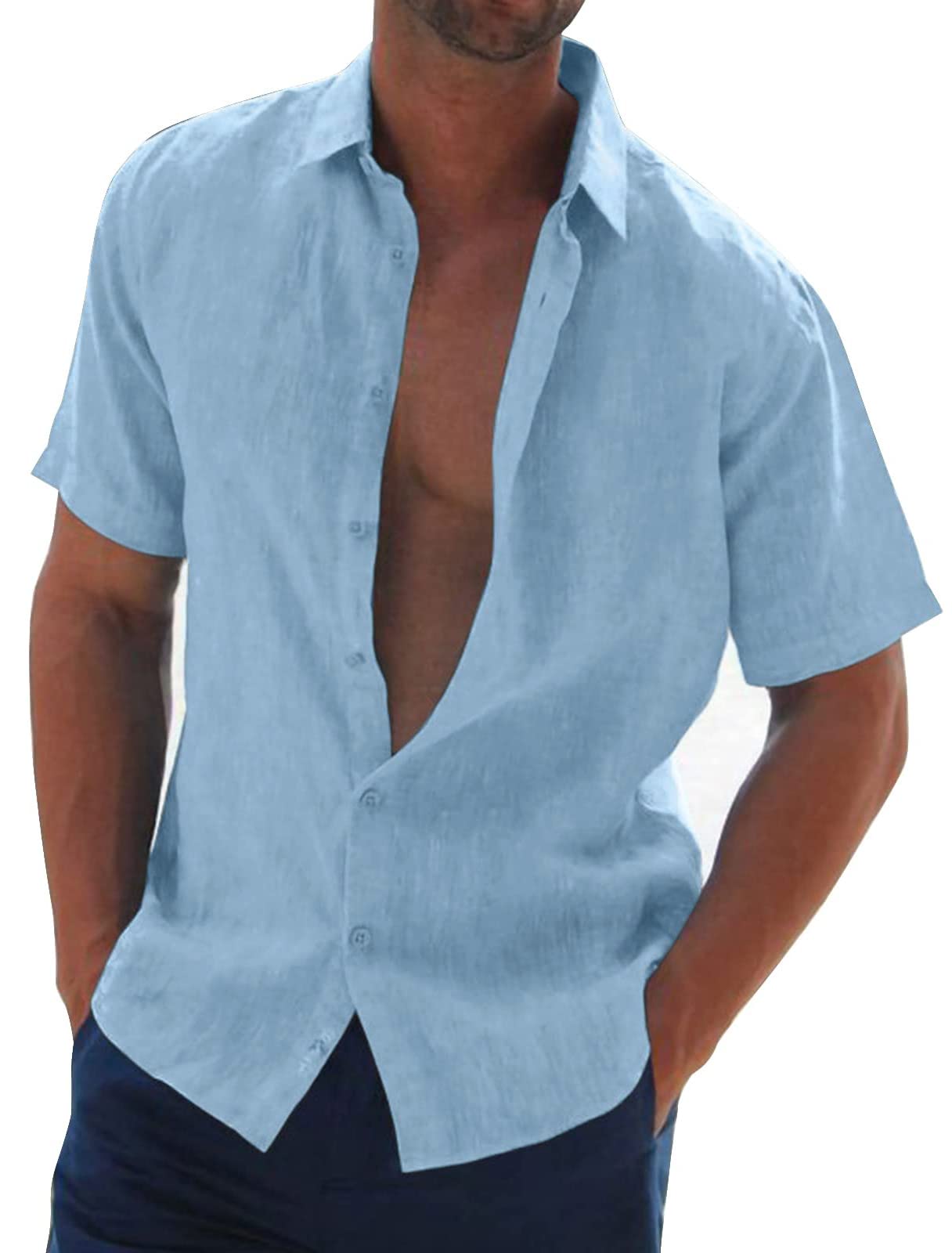 Halfword Men's Loose Fit Short Sleeve Linen-Cotton Shirt for Summer Casual Beach Wedding Party