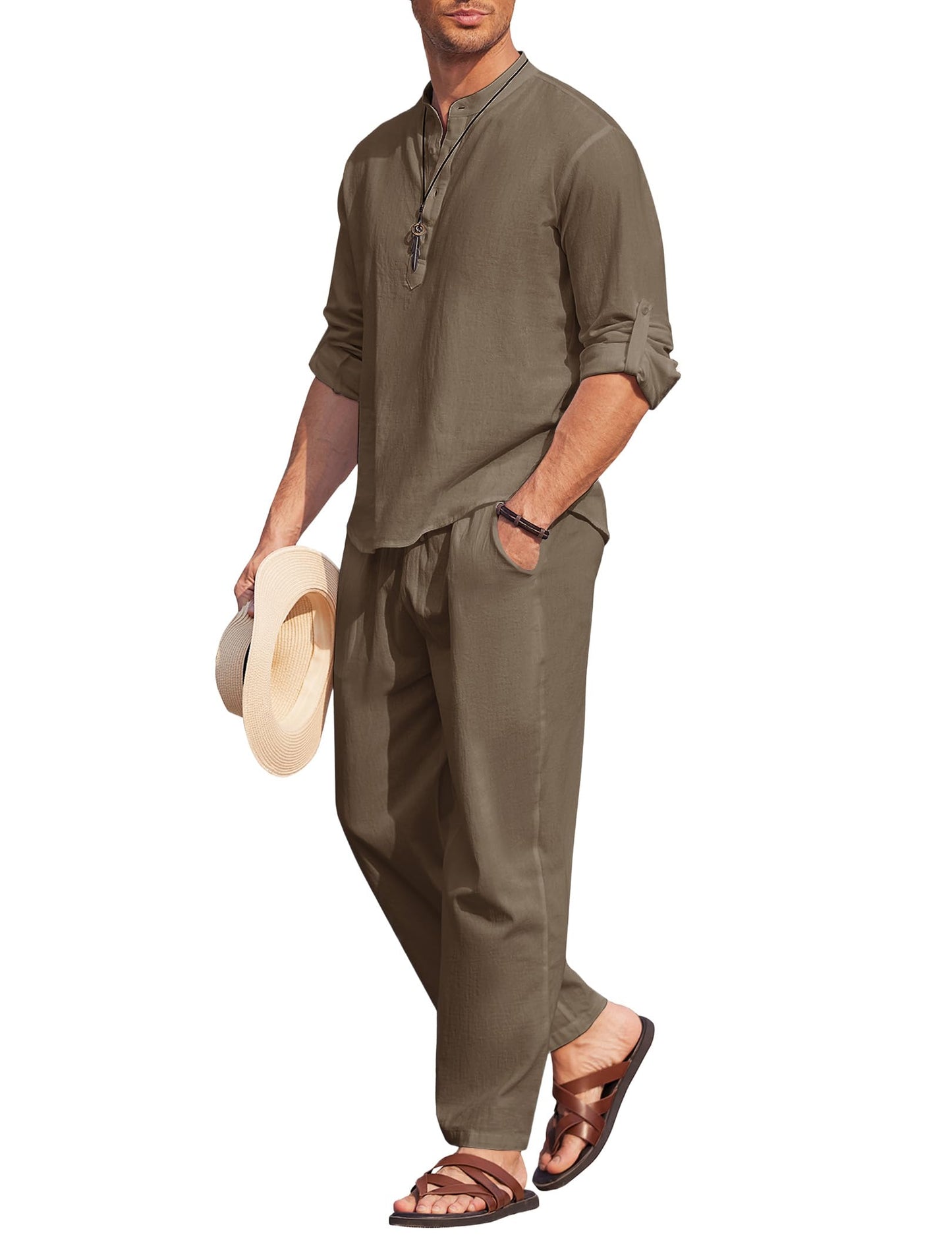 COOFANDY Men's 2 Pieces Cotton Linen Set Casual Long Sleeve Henley Shirts Beach Pants With Pockets Summer Yoga Outfits