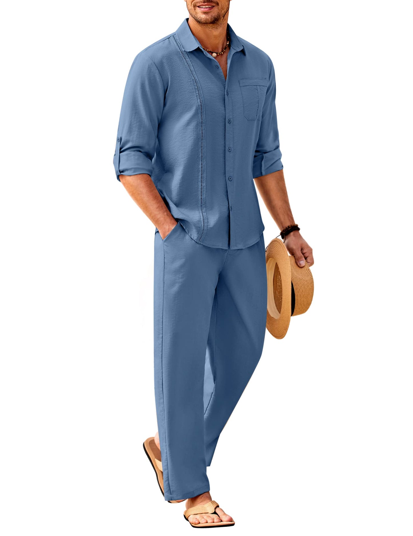 COOFANDY Men's 2 Piece Linen Sets Casual Long Sleeve Button Down Cuban Shirt and Loose Pants Set Beach Vacation Outfits