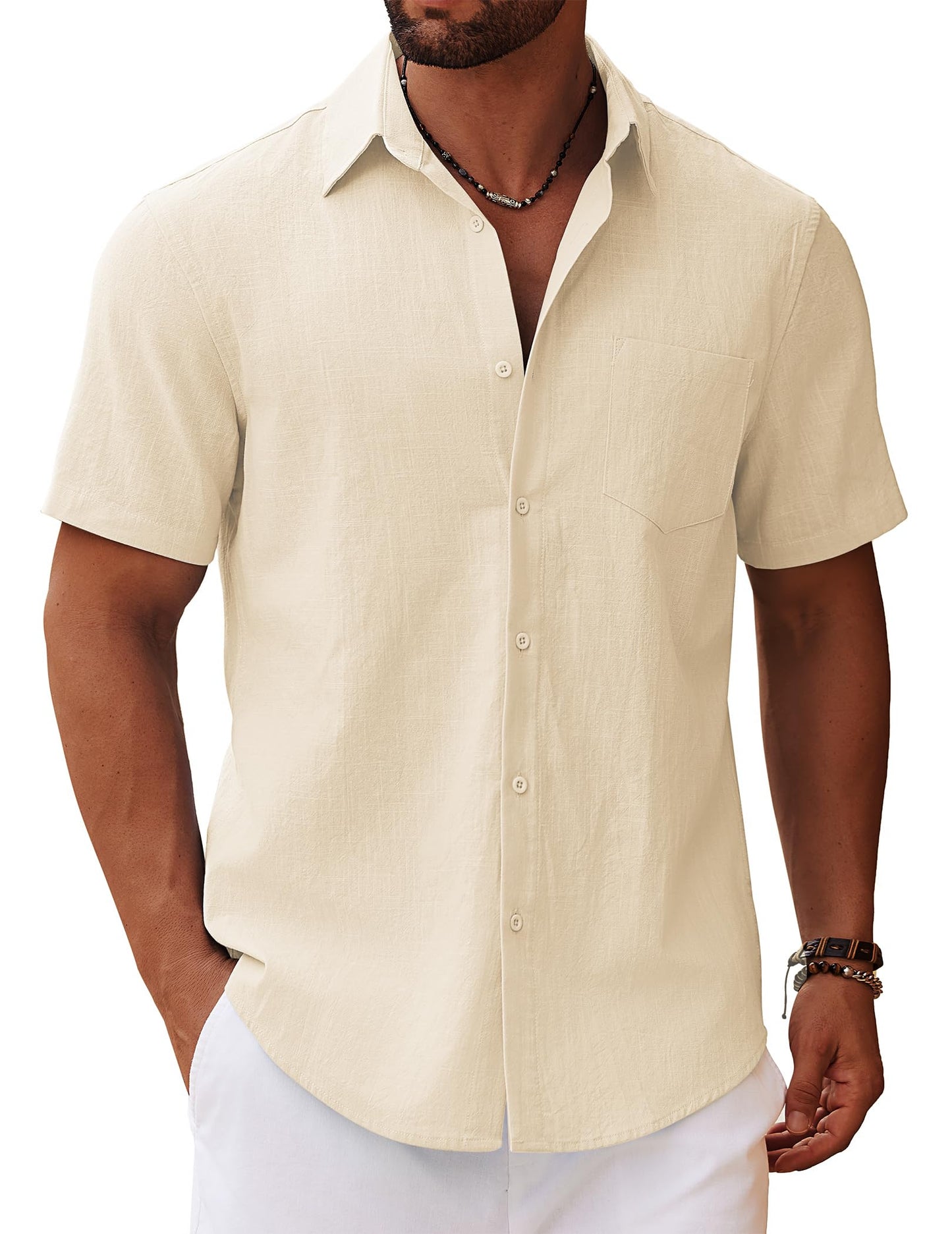 COOFANDY Men's Short Sleeve Summer Shirts Cotton Shirts Casual Beach Shirts Holiday with Pocket
