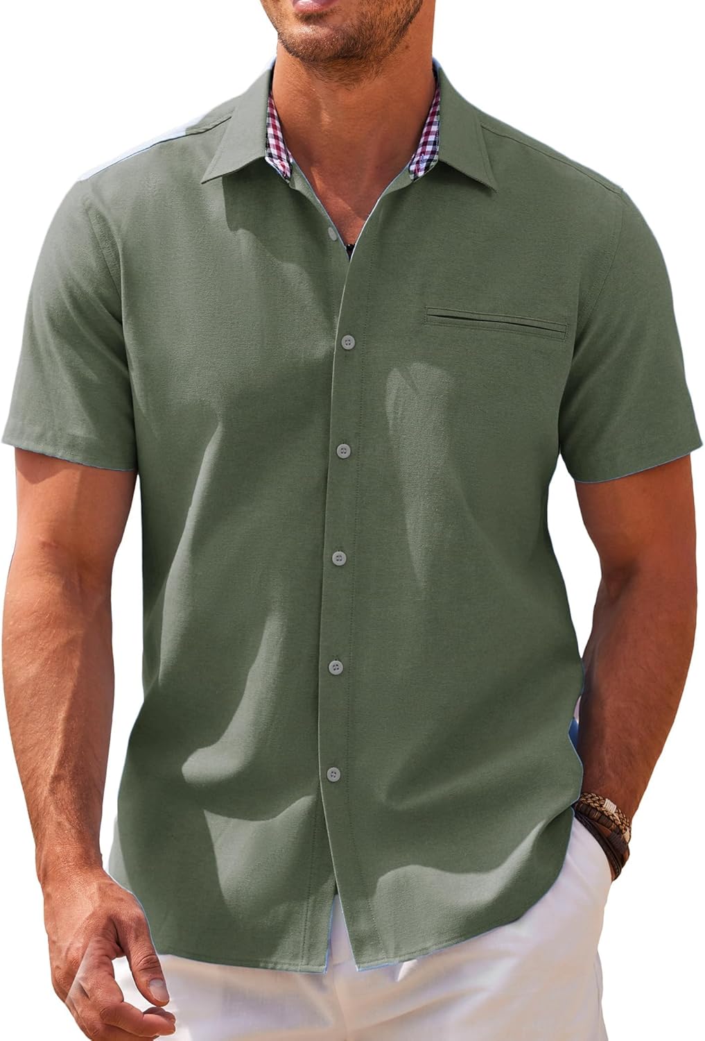 COOFANDY Men's Short Sleeve Oxford Shirt - Casual Summer Business Chambray Lightweight Checked Collar Cotton