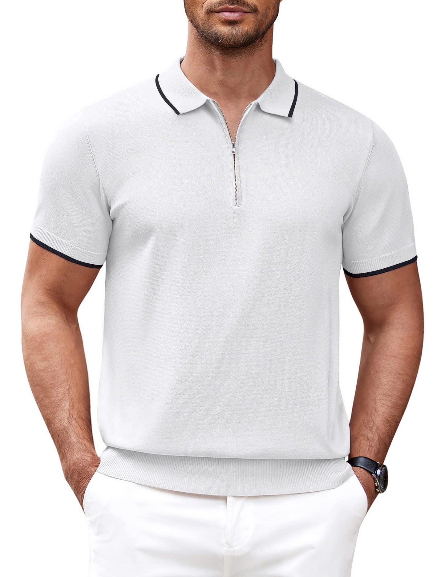 COOFANDY Camisa polo masculina de malha casual com zíper e manga curta, ajuste clássico