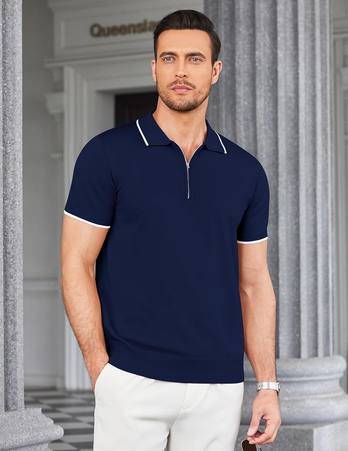 COOFANDY Camisa polo masculina de malha casual com zíper e manga curta, ajuste clássico