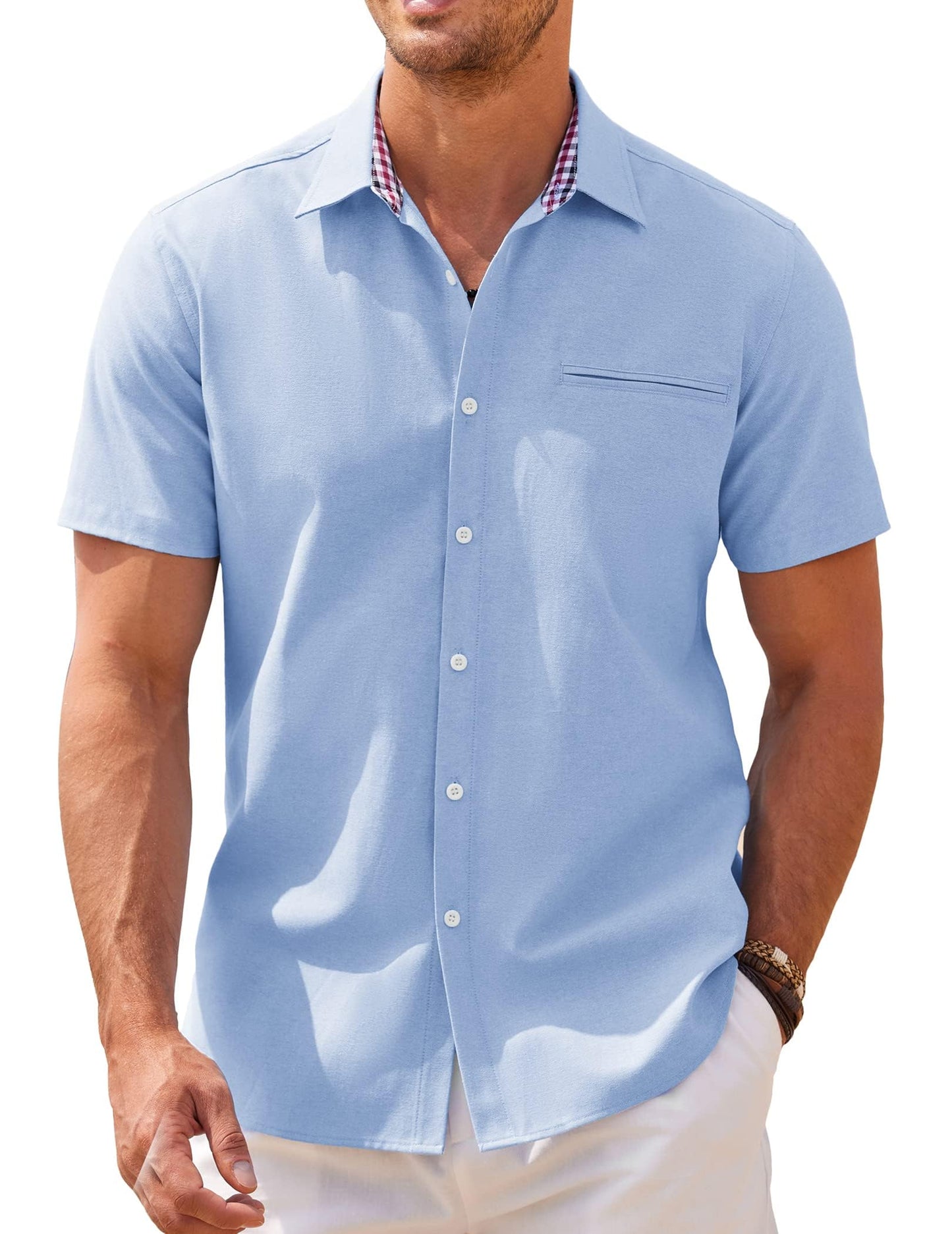 COOFANDY Men's Short Sleeve Oxford Shirt - Casual Summer Business Chambray Lightweight Checked Collar Cotton