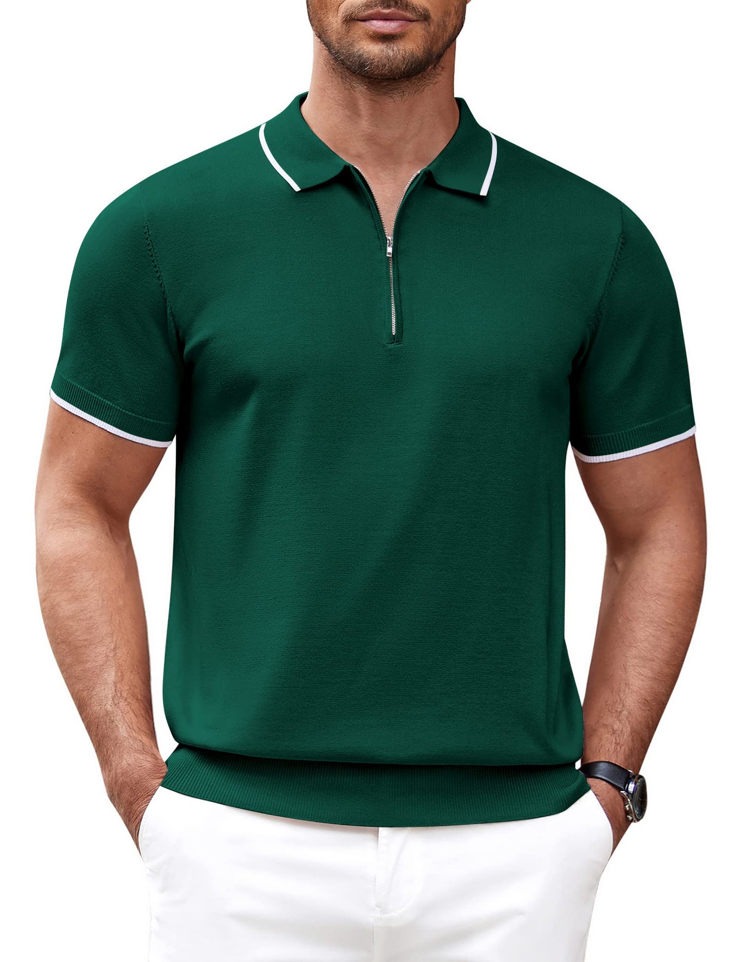 COOFANDY Camisa polo masculina de malha casual com zíper e manga curta, ajuste clássico