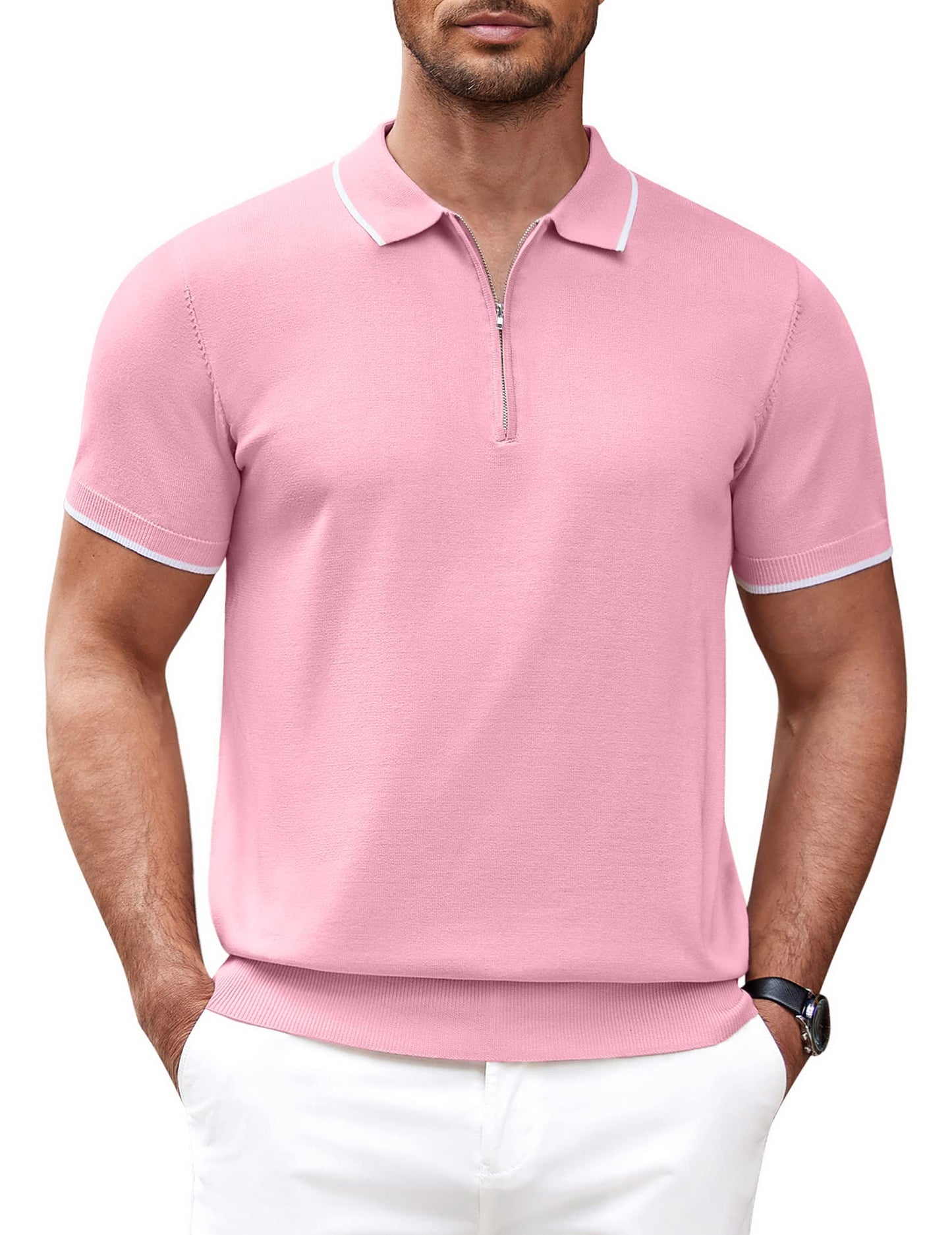 COOFANDY Camisa polo masculina de malha casual com zíper e manga curta, ajuste clássico