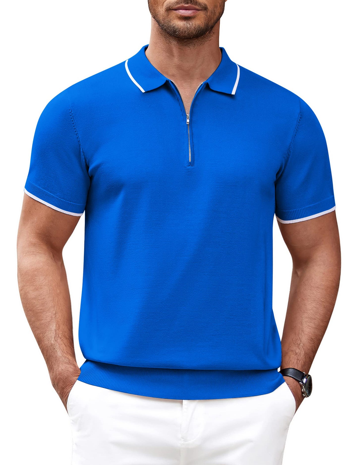 COOFANDY Camisa polo masculina de malha casual com zíper e manga curta, ajuste clássico