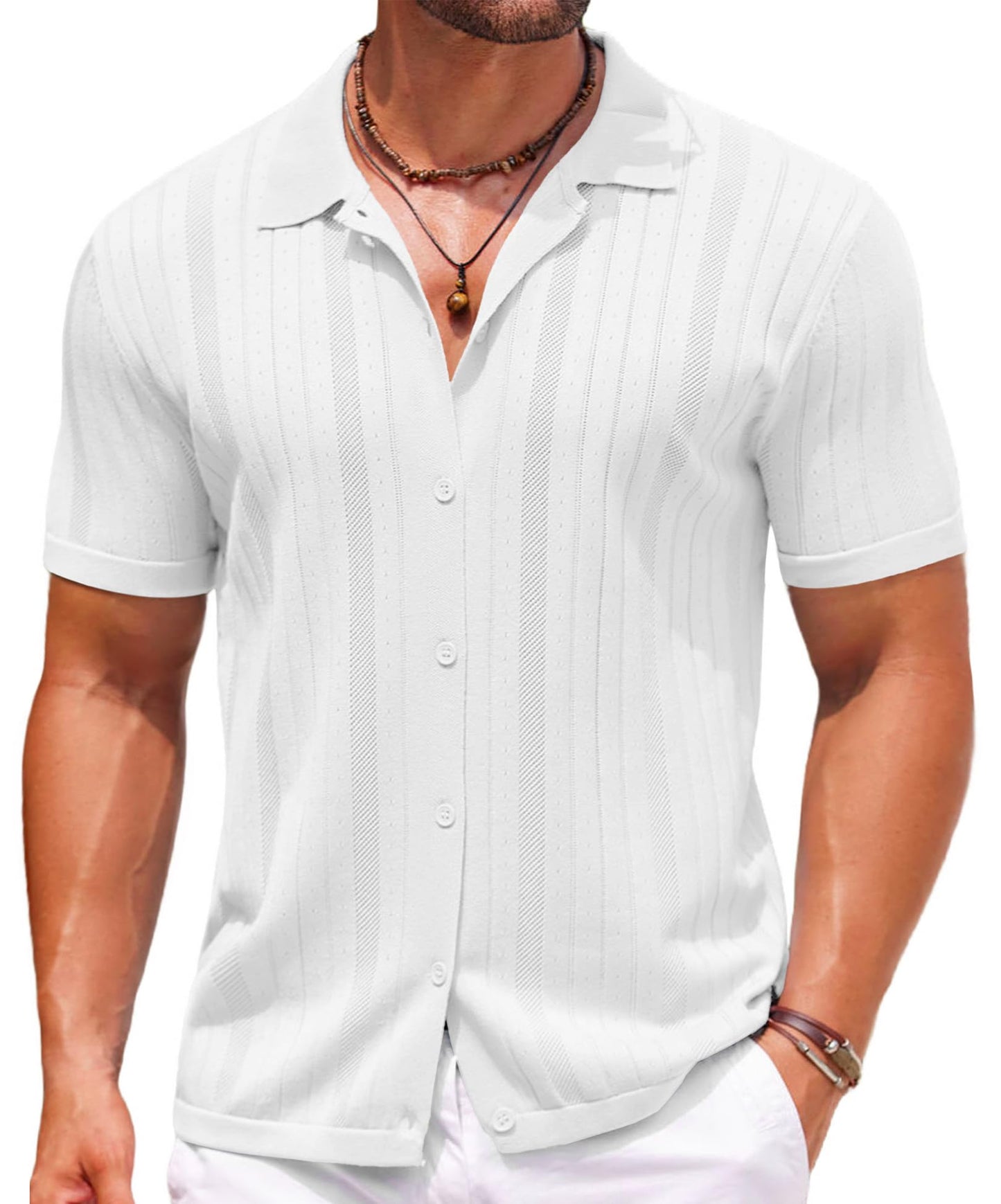 COOFANDY Camisa polo masculina de tricô com botões de crochê, vintage, manga curta, texturizada, verão, praia, tops