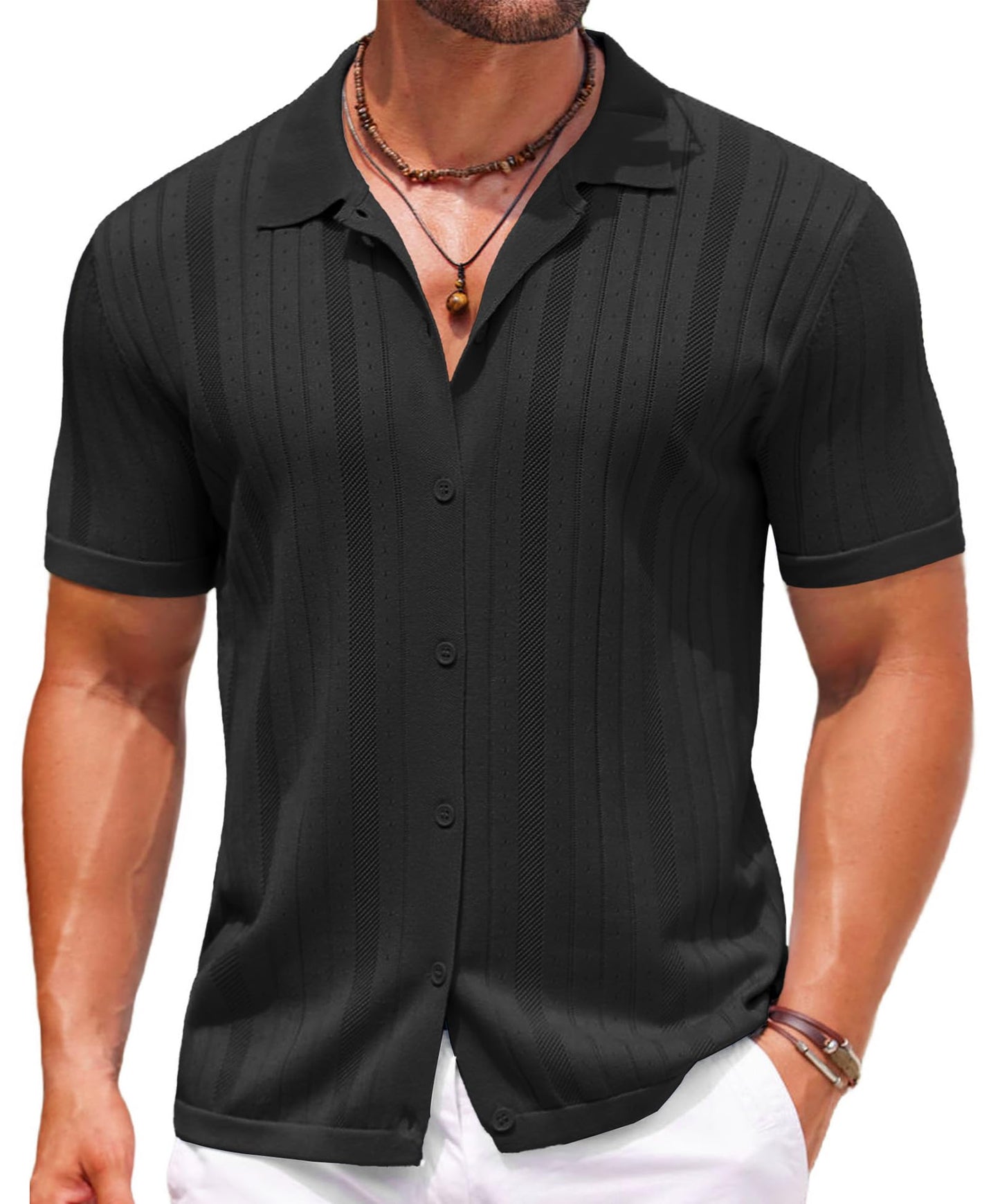COOFANDY Camisa polo masculina de tricô com botões de crochê, vintage, manga curta, texturizada, verão, praia, tops