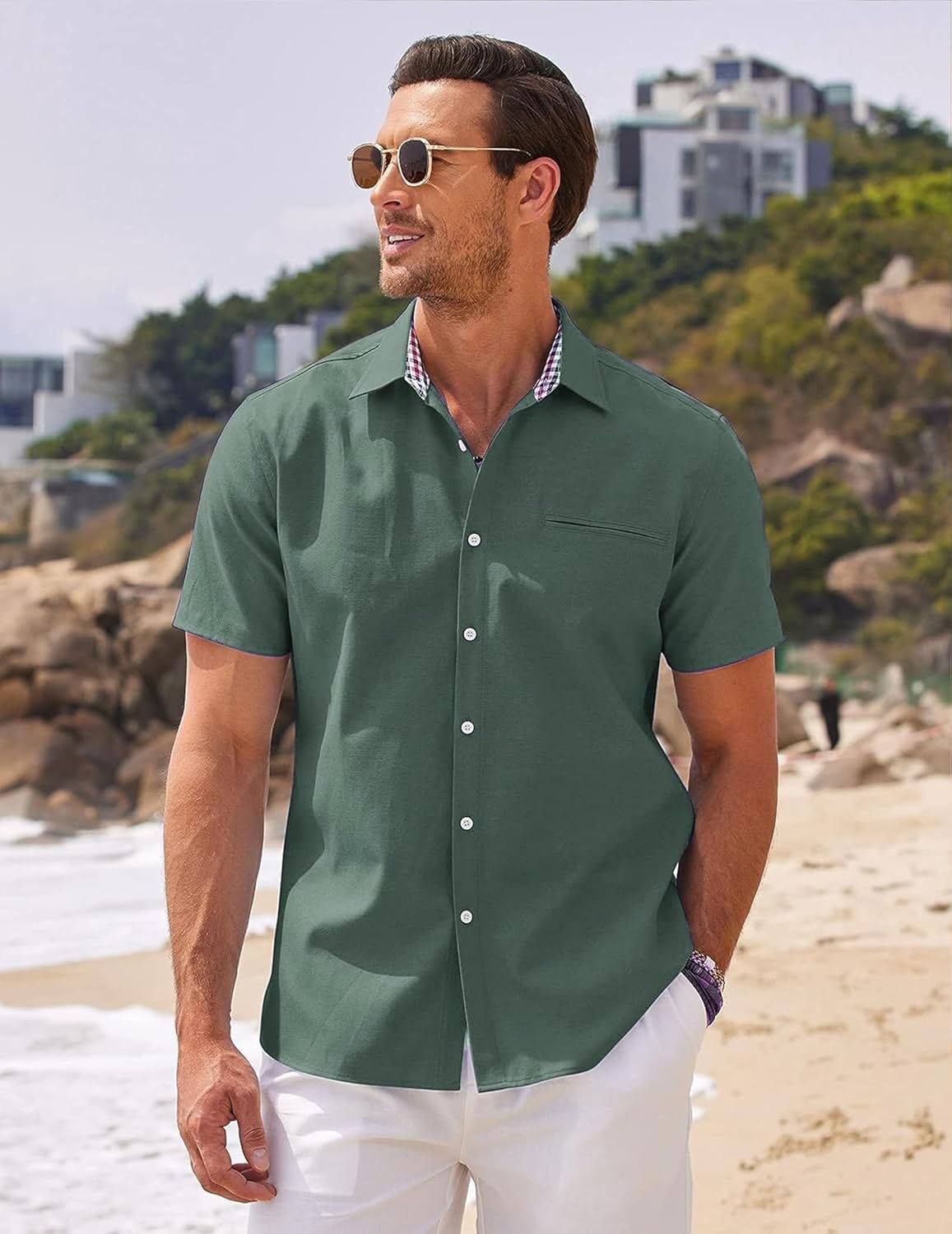 COOFANDY Men's Short Sleeve Oxford Shirt - Casual Summer Business Chambray Lightweight Checked Collar Cotton