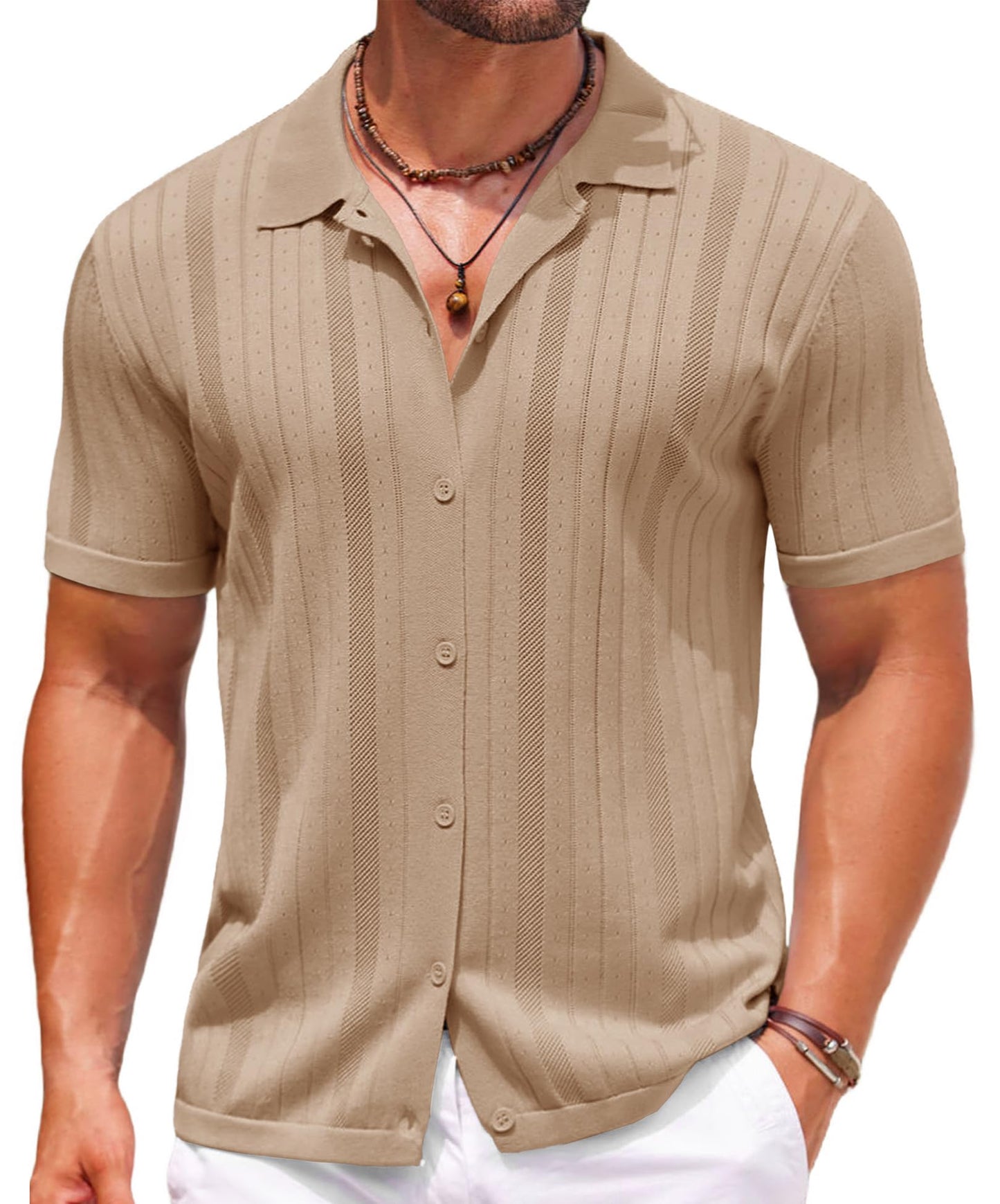 COOFANDY Camisa polo masculina de tricô com botões de crochê, vintage, manga curta, texturizada, verão, praia, tops