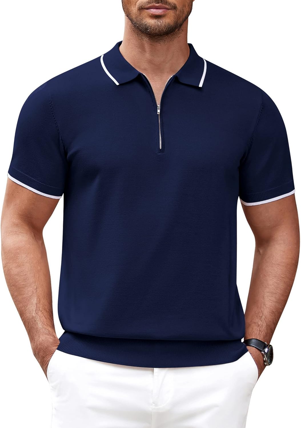COOFANDY Camisa polo masculina de malha casual com zíper e manga curta, ajuste clássico