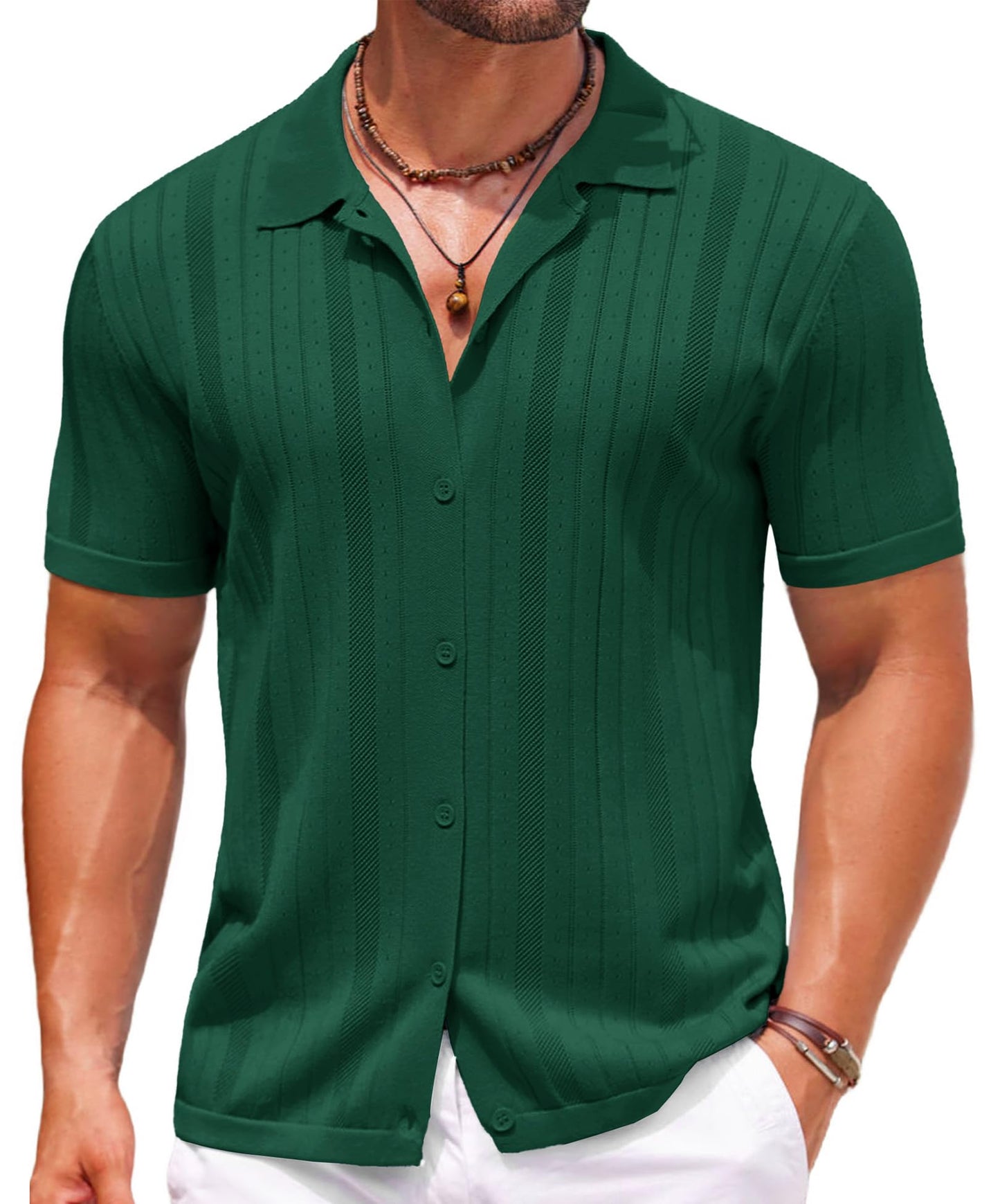 COOFANDY Camisa polo masculina de tricô com botões de crochê, vintage, manga curta, texturizada, verão, praia, tops