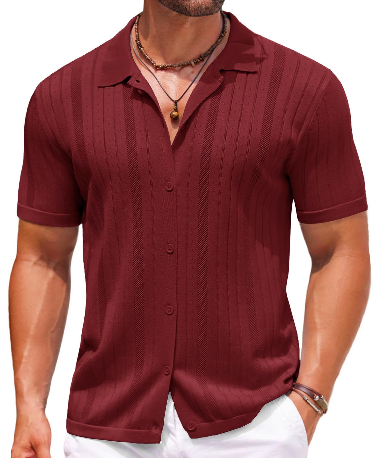 COOFANDY Camisa polo masculina de tricô com botões de crochê, vintage, manga curta, texturizada, verão, praia, tops
