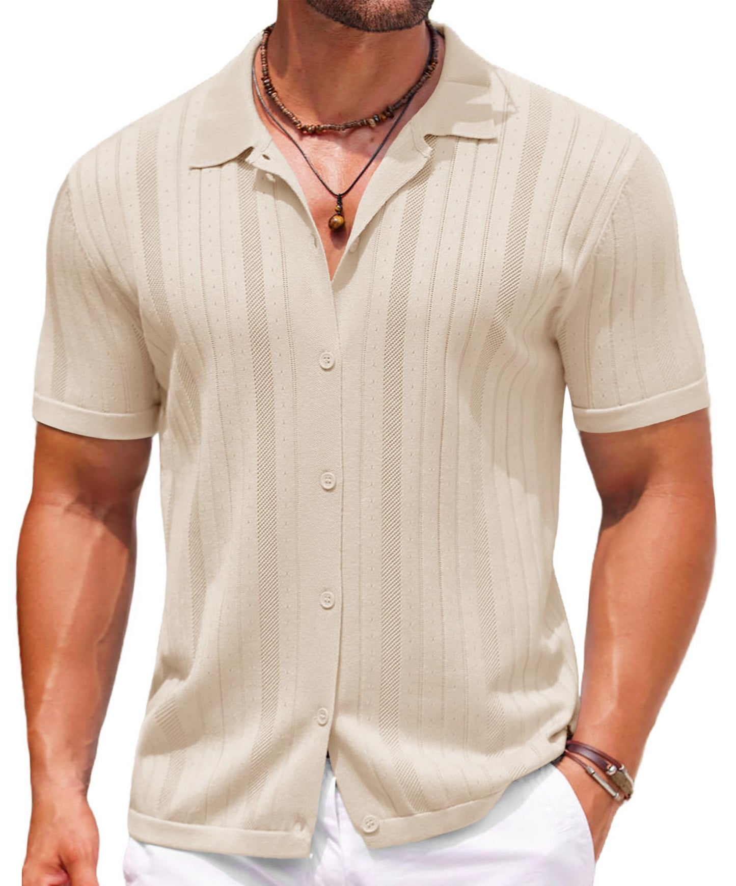 COOFANDY Camisa polo masculina de tricô com botões de crochê, vintage, manga curta, texturizada, verão, praia, tops