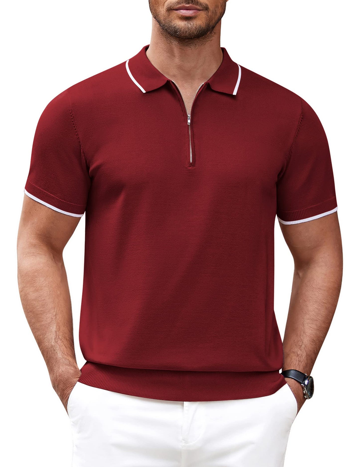COOFANDY Camisa polo masculina de malha casual com zíper e manga curta, ajuste clássico