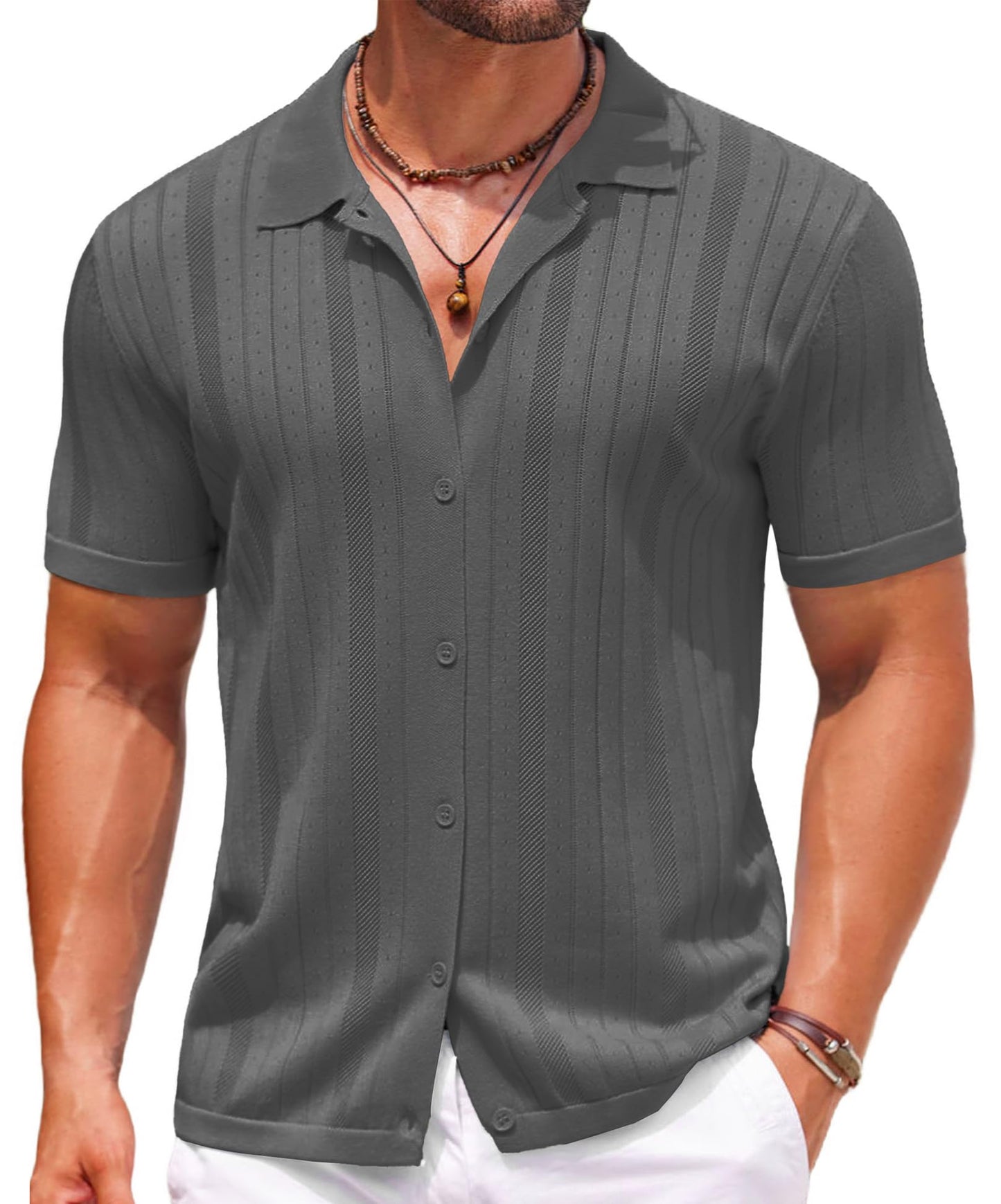 COOFANDY Camisa polo masculina de tricô com botões de crochê, vintage, manga curta, texturizada, verão, praia, tops