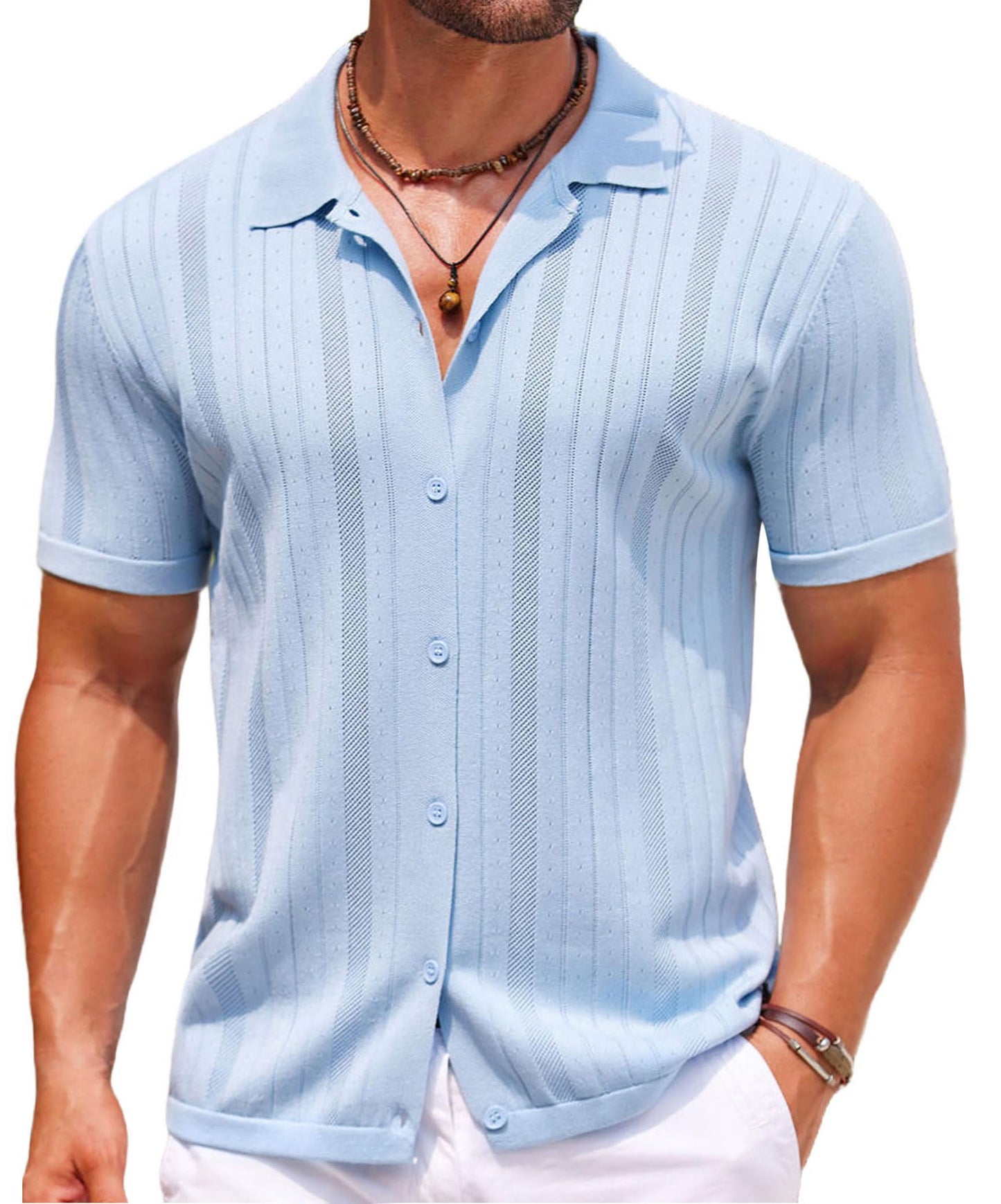 COOFANDY Camisa polo masculina de tricô com botões de crochê, vintage, manga curta, texturizada, verão, praia, tops