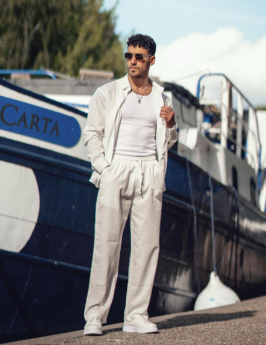 COOFANDY Men's 2 Piece Linen Sets Casual Long Sleeve Button Down Cuban Shirt and Loose Pants Set Beach Vacation Outfits