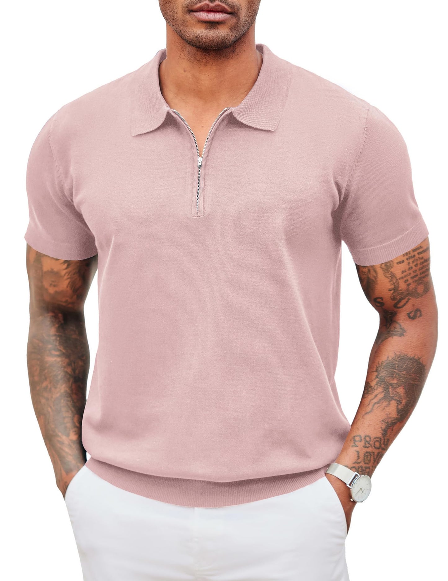 COOFANDY Camisa polo masculina de malha casual com zíper e manga curta, ajuste clássico
