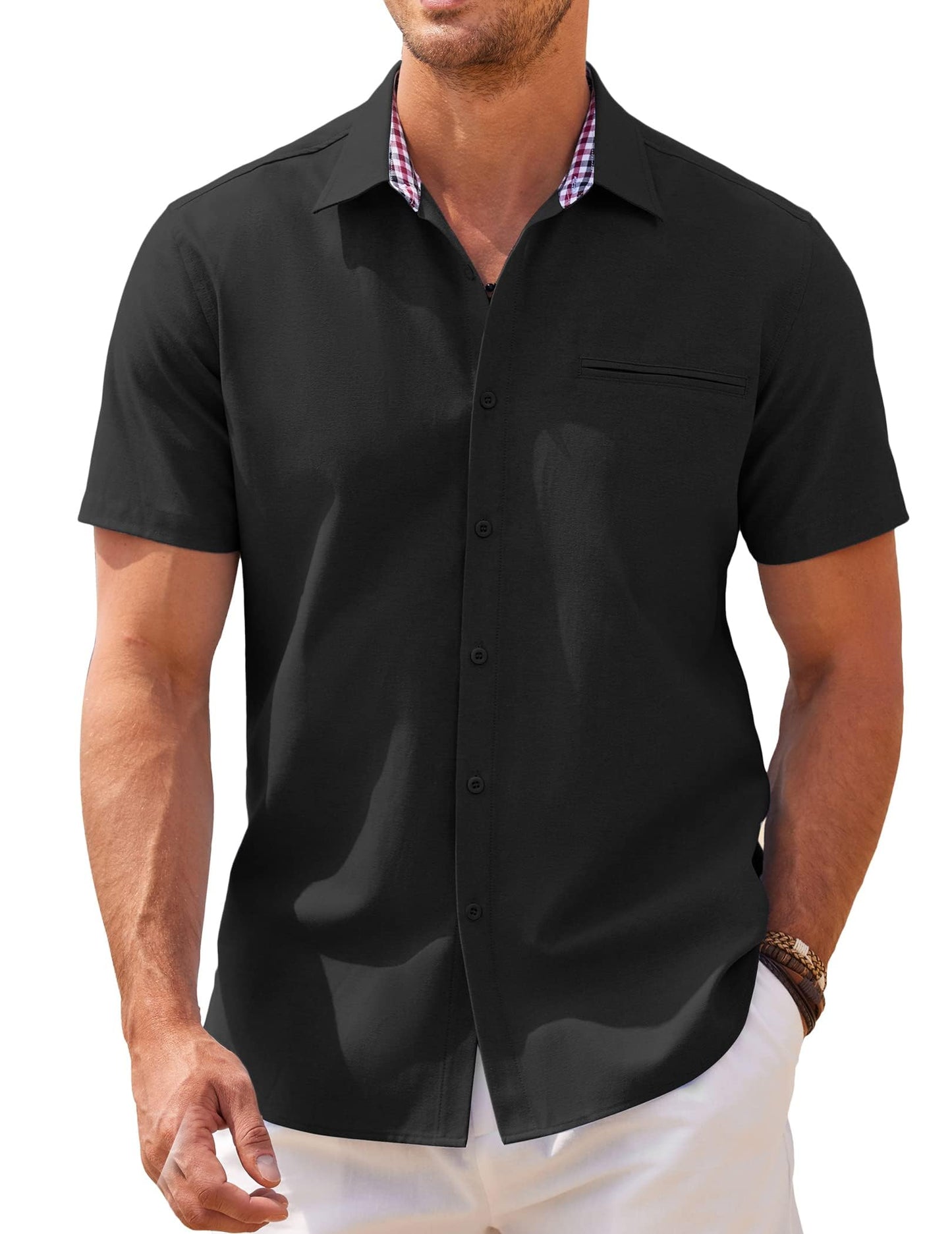 COOFANDY Men's Short Sleeve Oxford Shirt - Casual Summer Business Chambray Lightweight Checked Collar Cotton