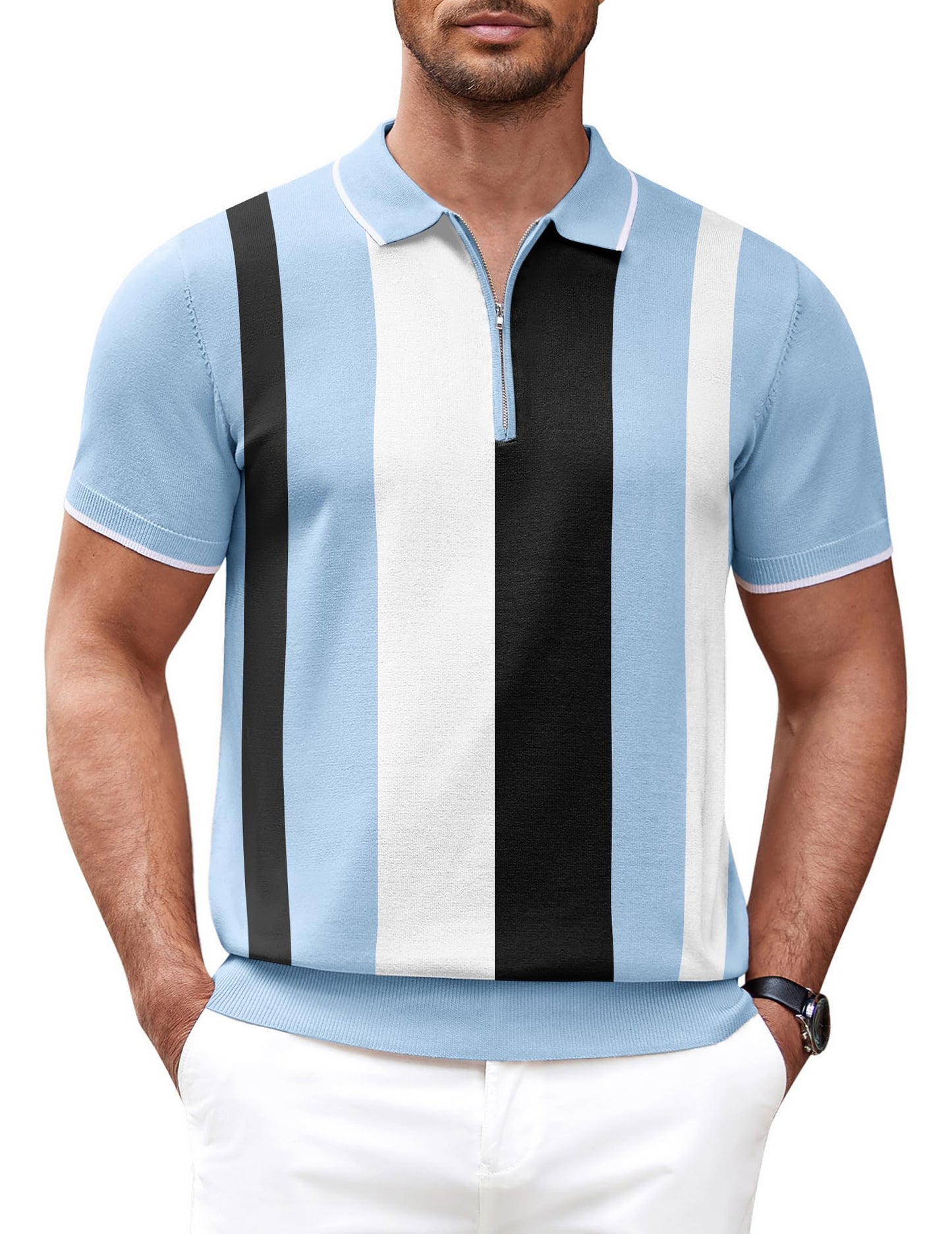 COOFANDY Camisa polo masculina de malha casual com zíper e manga curta, ajuste clássico