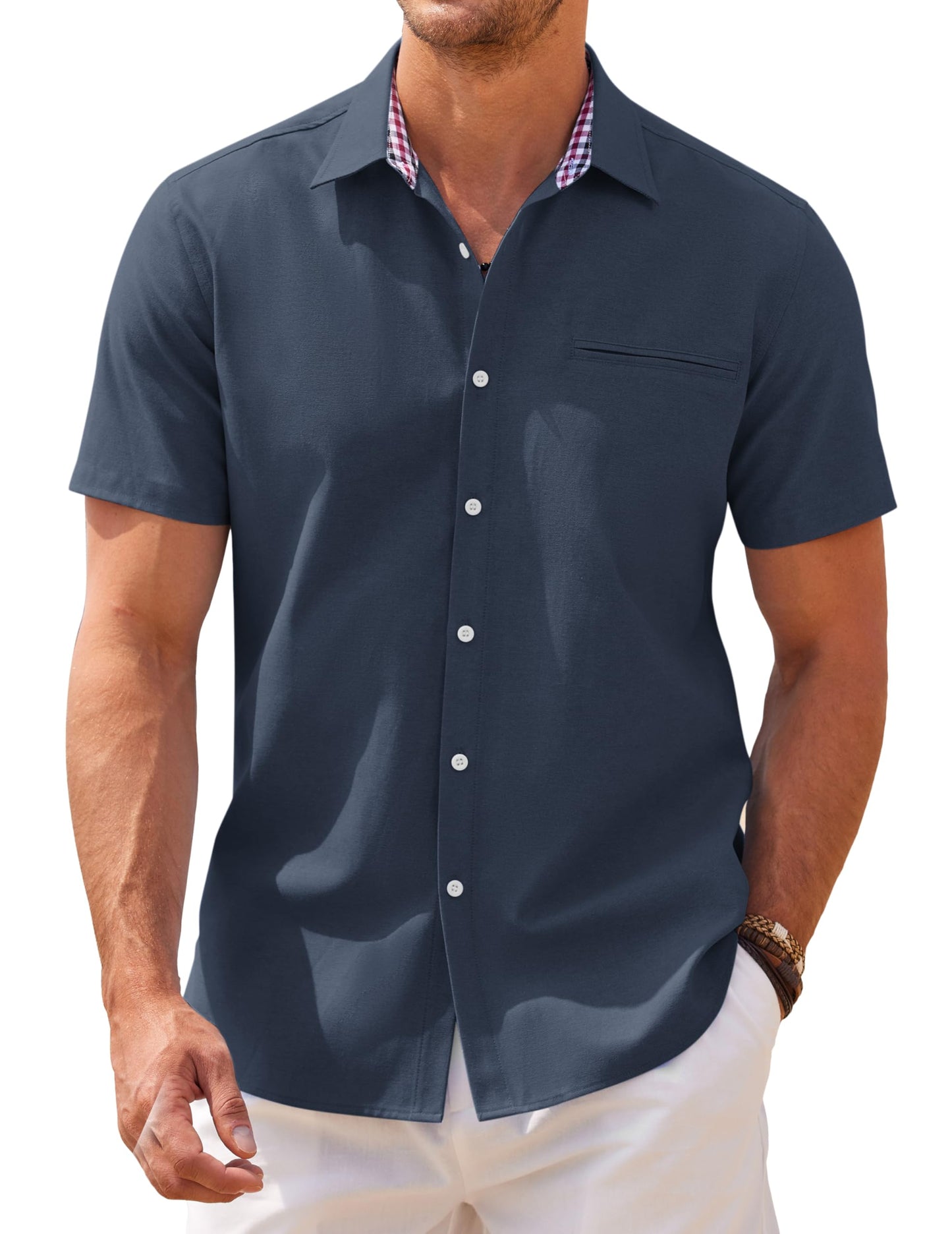 COOFANDY Men's Short Sleeve Oxford Shirt - Casual Summer Business Chambray Lightweight Checked Collar Cotton