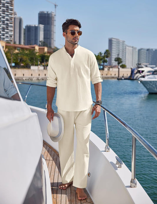 COOFANDY Men's 2 Pieces Cotton Linen Set Casual Long Sleeve Henley Shirts Beach Pants With Pockets Summer Yoga Outfits